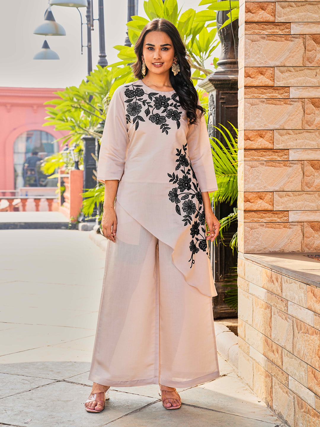 Beige color silk blend with black thread embroidery top and plazzo co-ords set