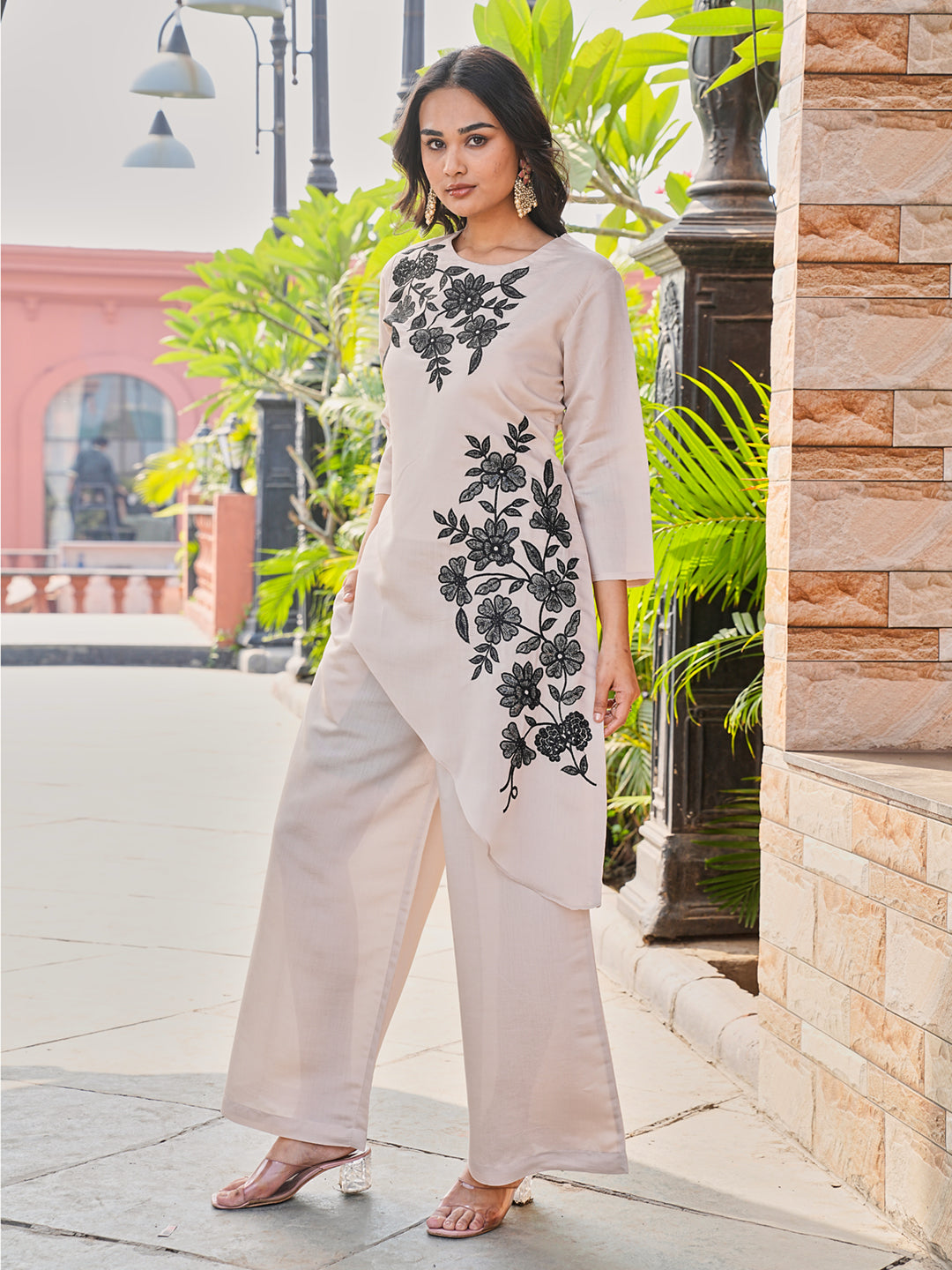 Beige color silk blend with black thread embroidery top and plazzo co-ords set
