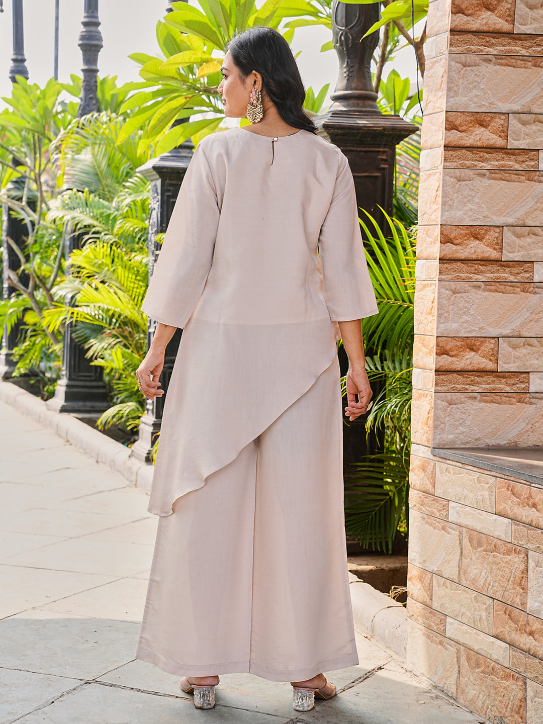 Beige color silk blend with black thread embroidery top and plazzo co-ords set