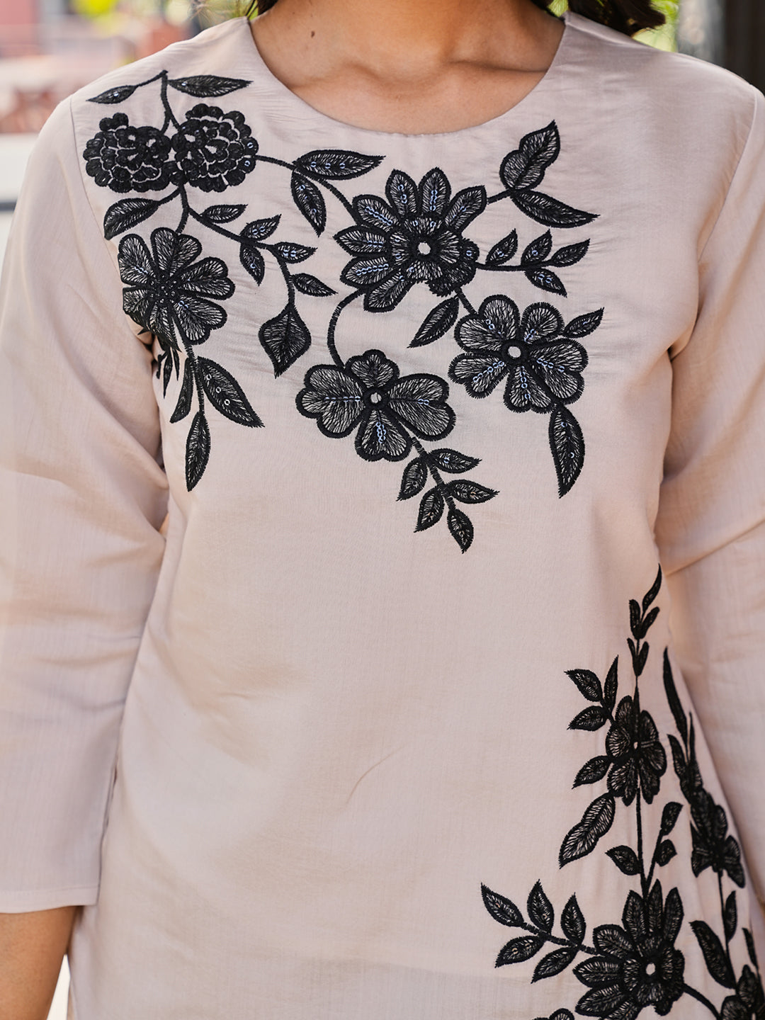 Beige color silk blend with black thread embroidery top and plazzo co-ords set