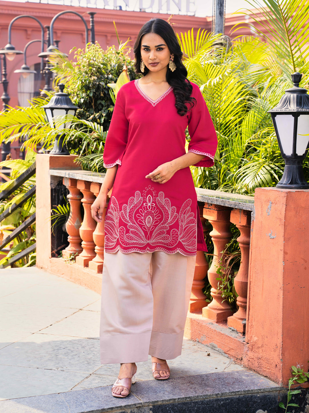 Crimson Red color silk blend with beige color thread embroidered top and farshi Salwar co-ords set