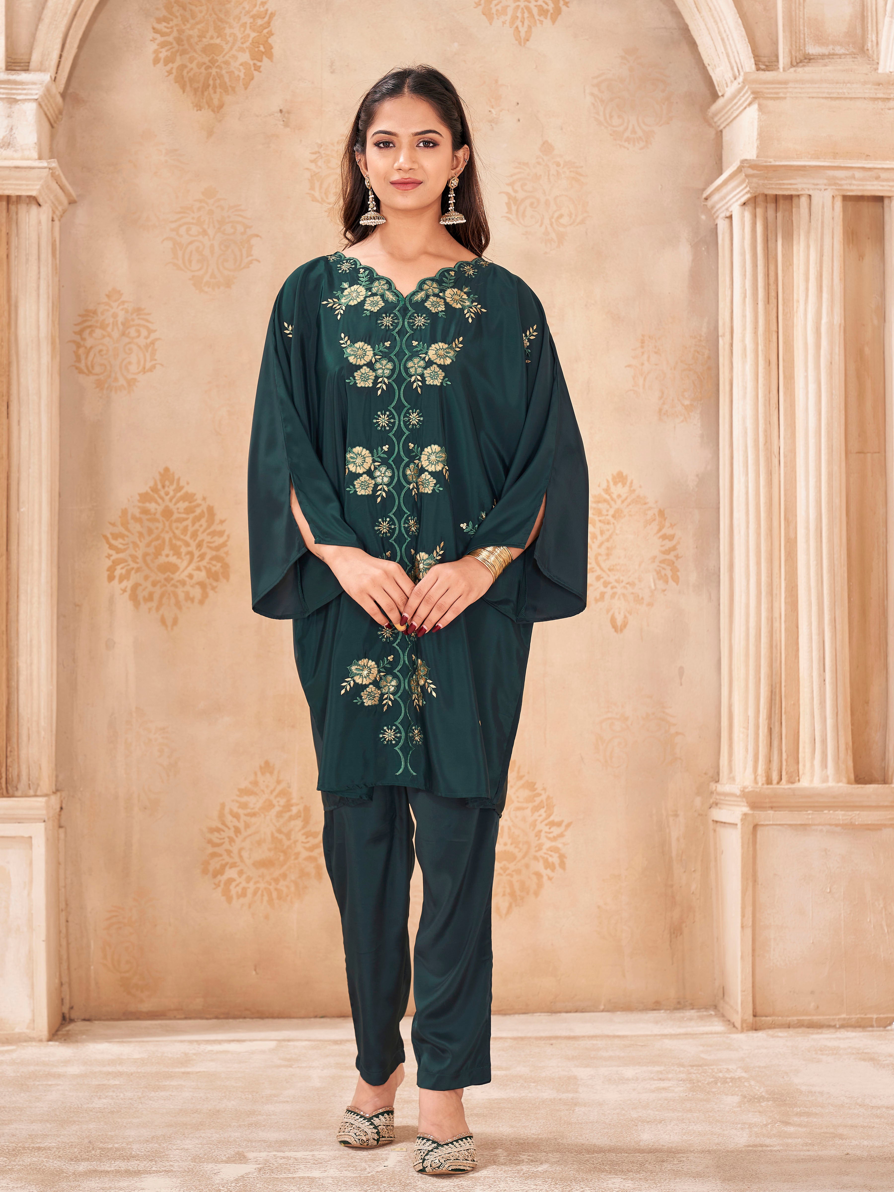 Bottle green color Crepe with multi thread work embroidered over size tunic and trouser cordset