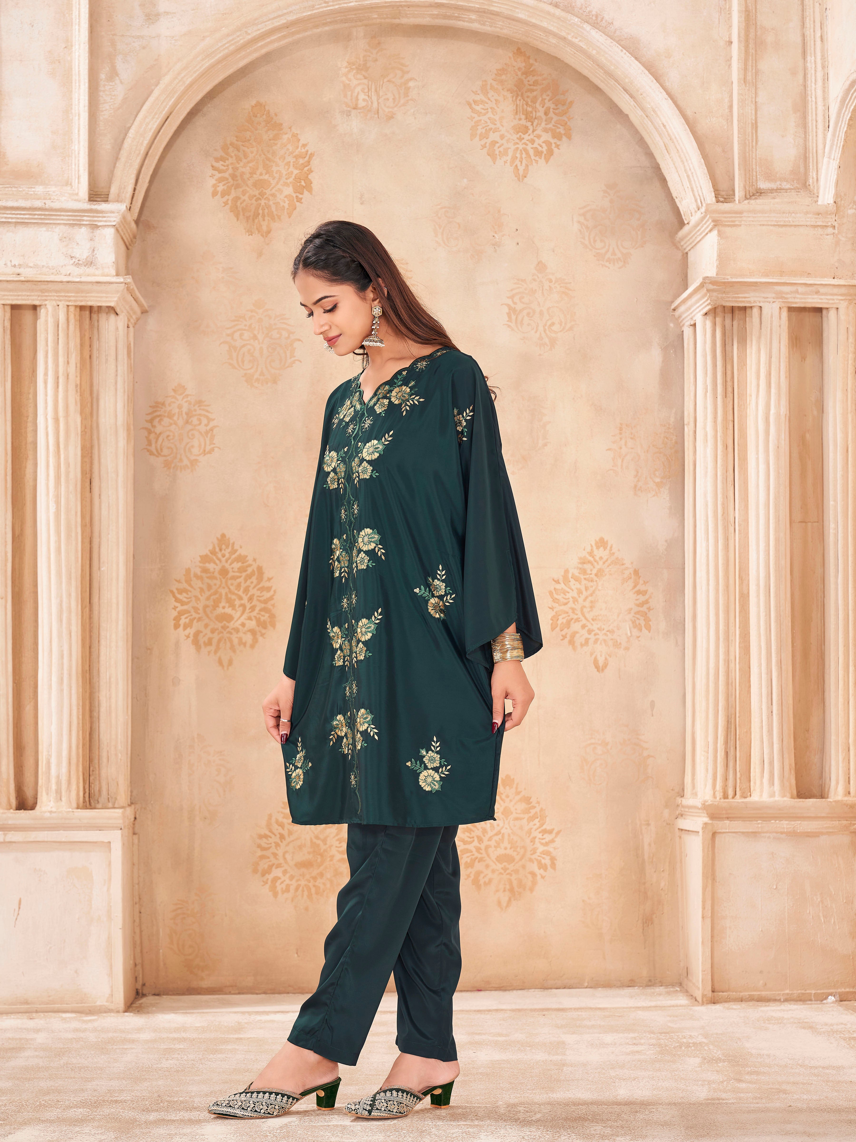 Bottle green color Crepe with multi thread work embroidered over size tunic and trouser cordset