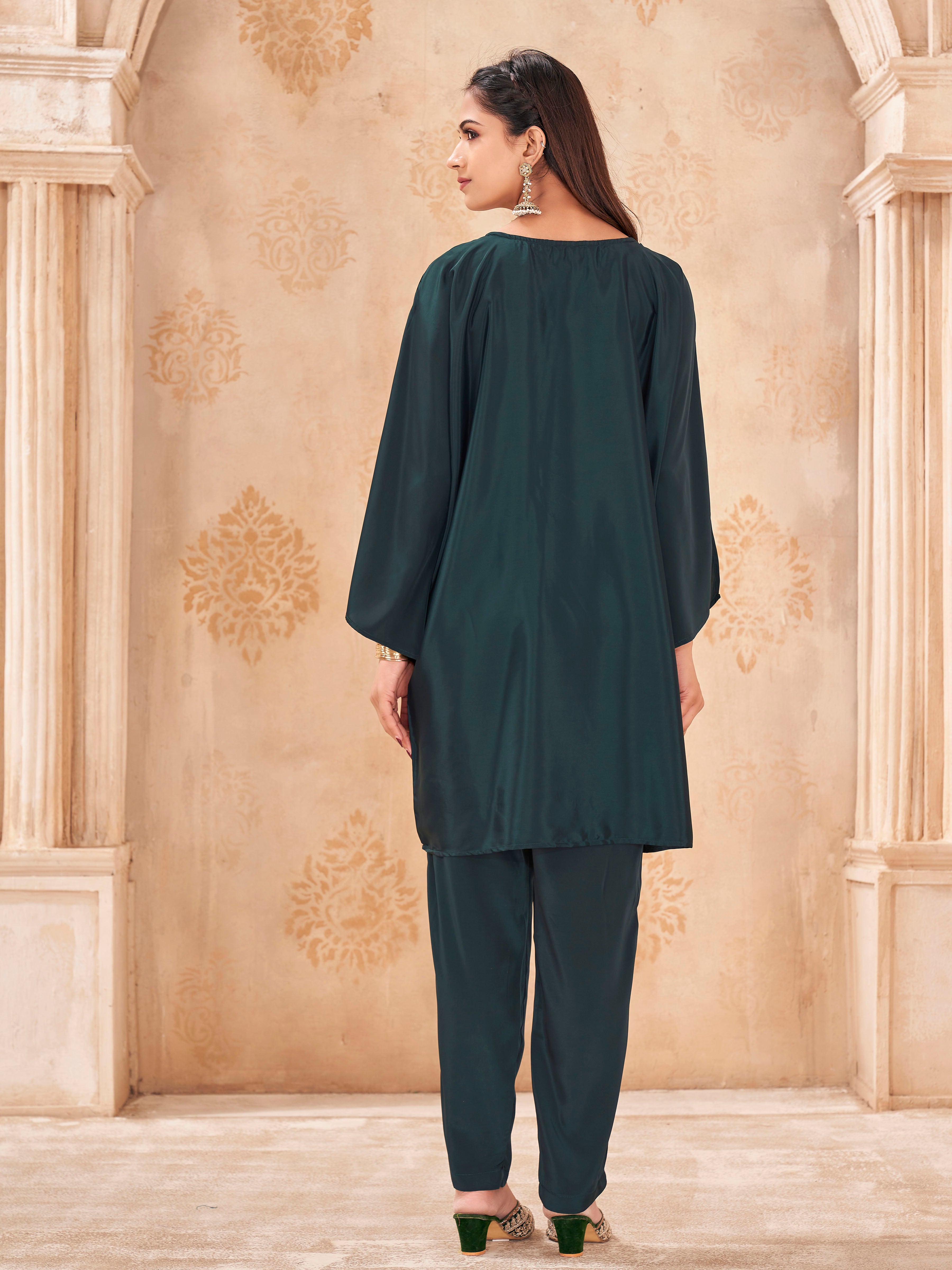 Bottle green color Crepe with multi thread work embroidered over size tunic and trouser cordset