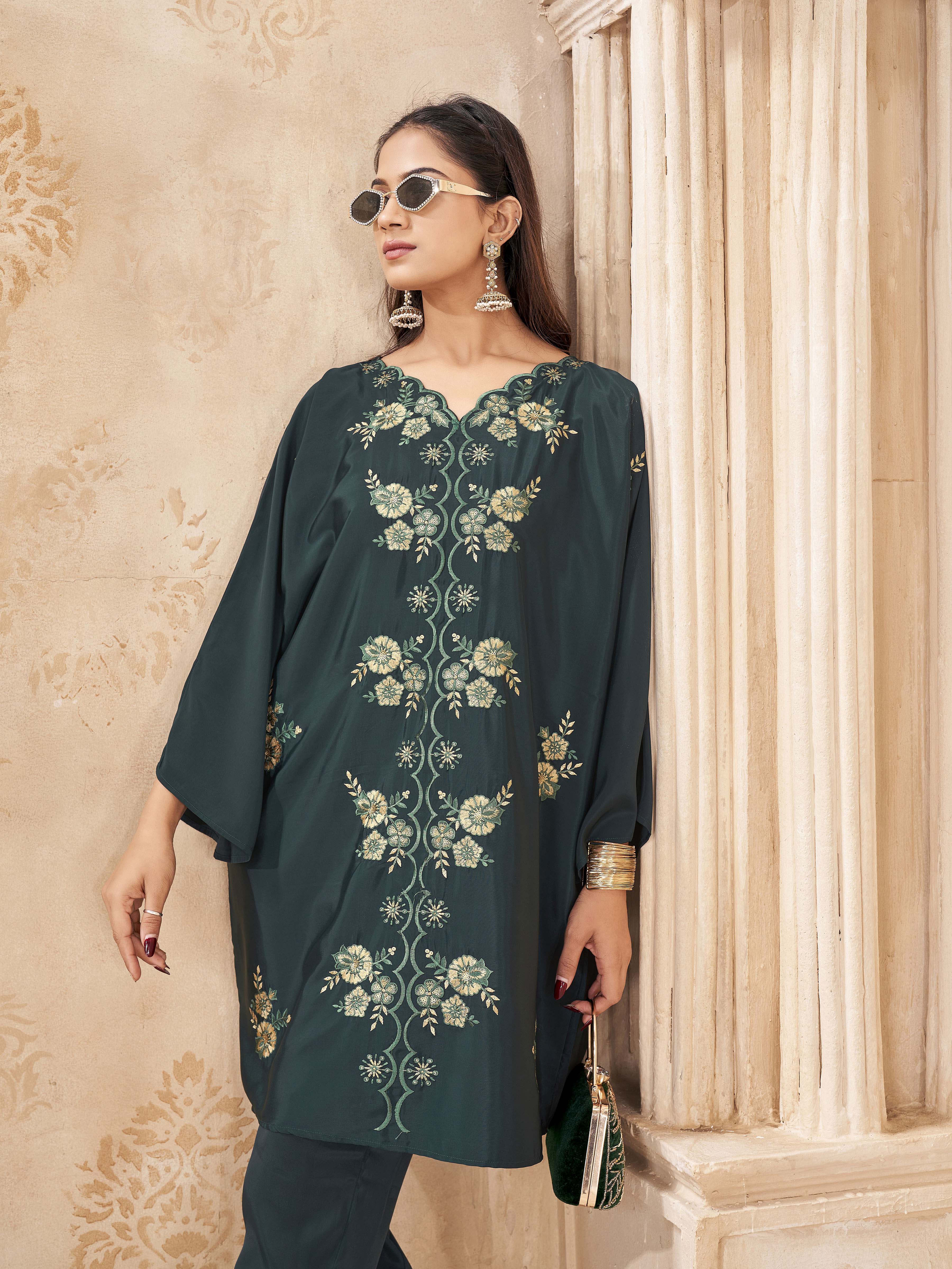 Bottle green color Crepe with multi thread work embroidered over size tunic and trouser cordset