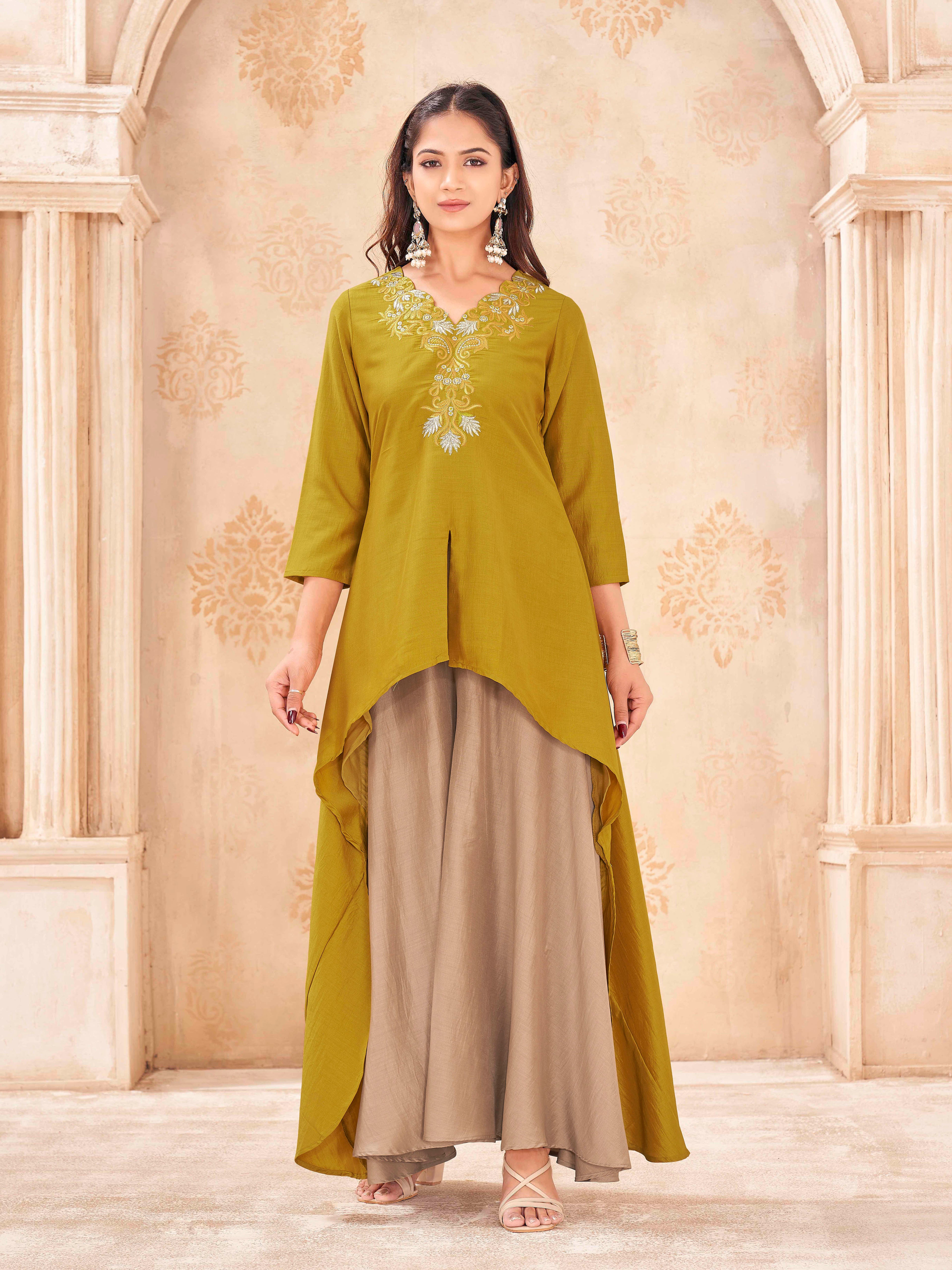 Mustard color silk blend with zari work embroidered high low top and umbrella plazzo cordset
