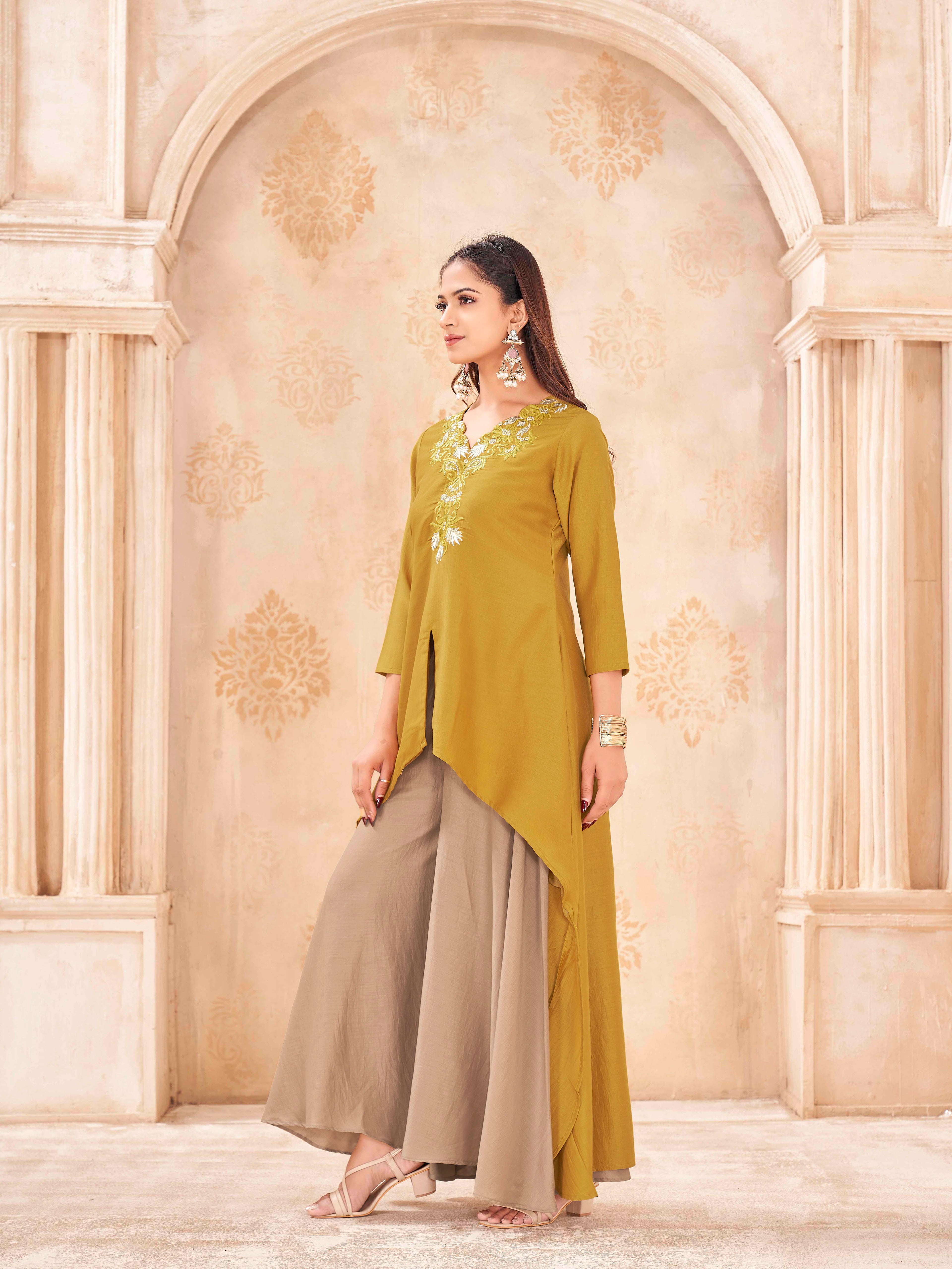 Mustard color silk blend with zari work embroidered high low top and umbrella plazzo cordset