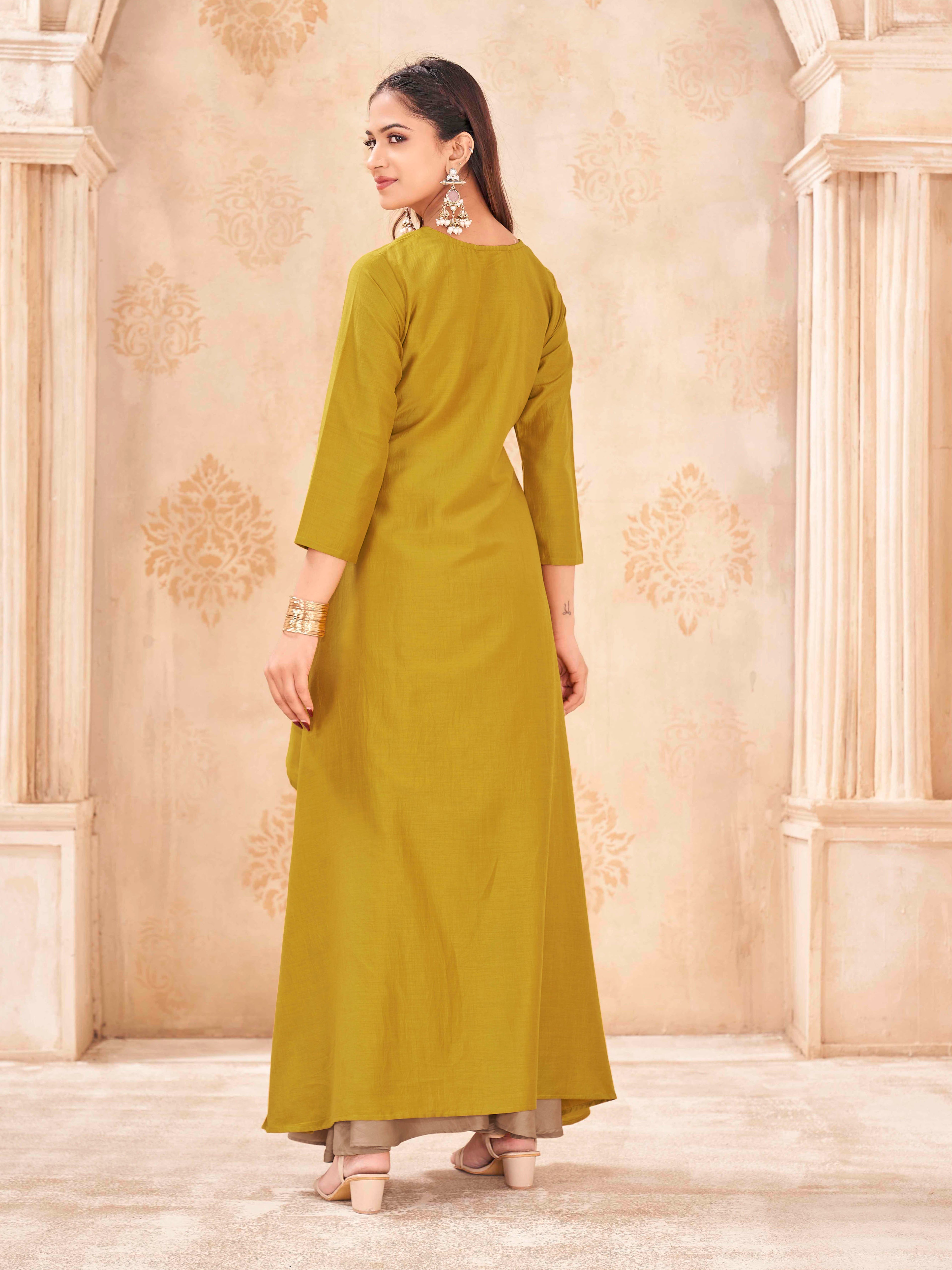 Mustard color silk blend with zari work embroidered high low top and umbrella plazzo cordset