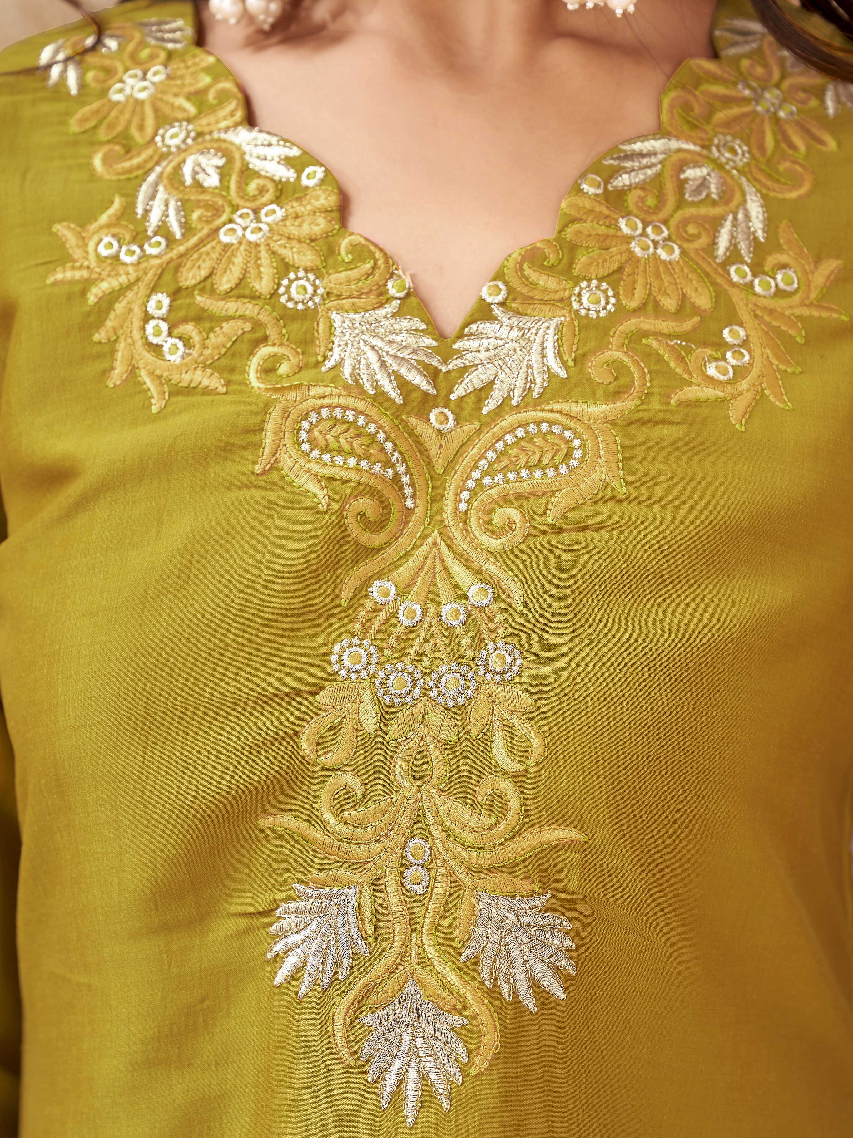 Mustard color silk blend with zari work embroidered high low top and umbrella plazzo cordset