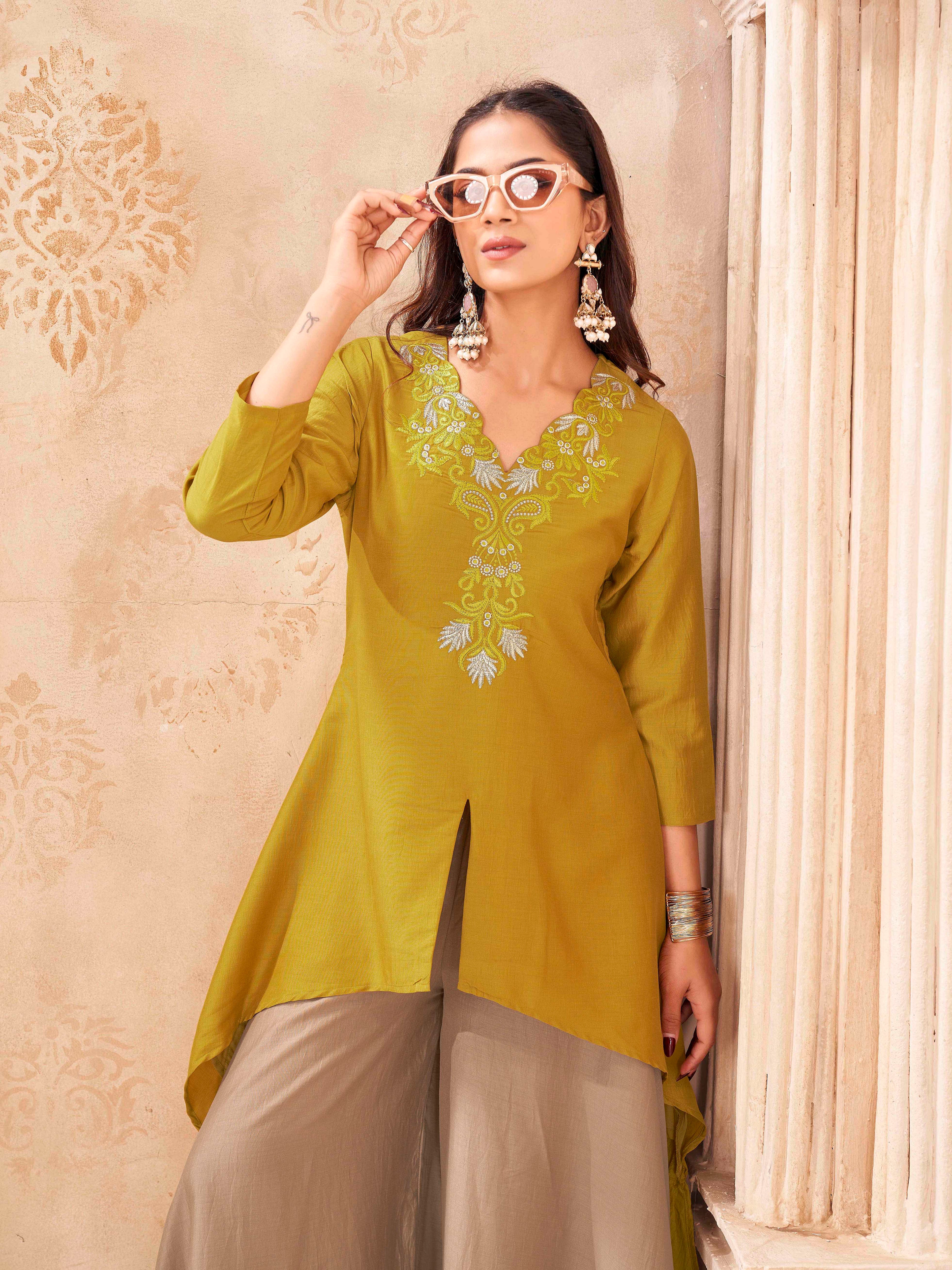 Mustard color silk blend with zari work embroidered high low top and umbrella plazzo cordset