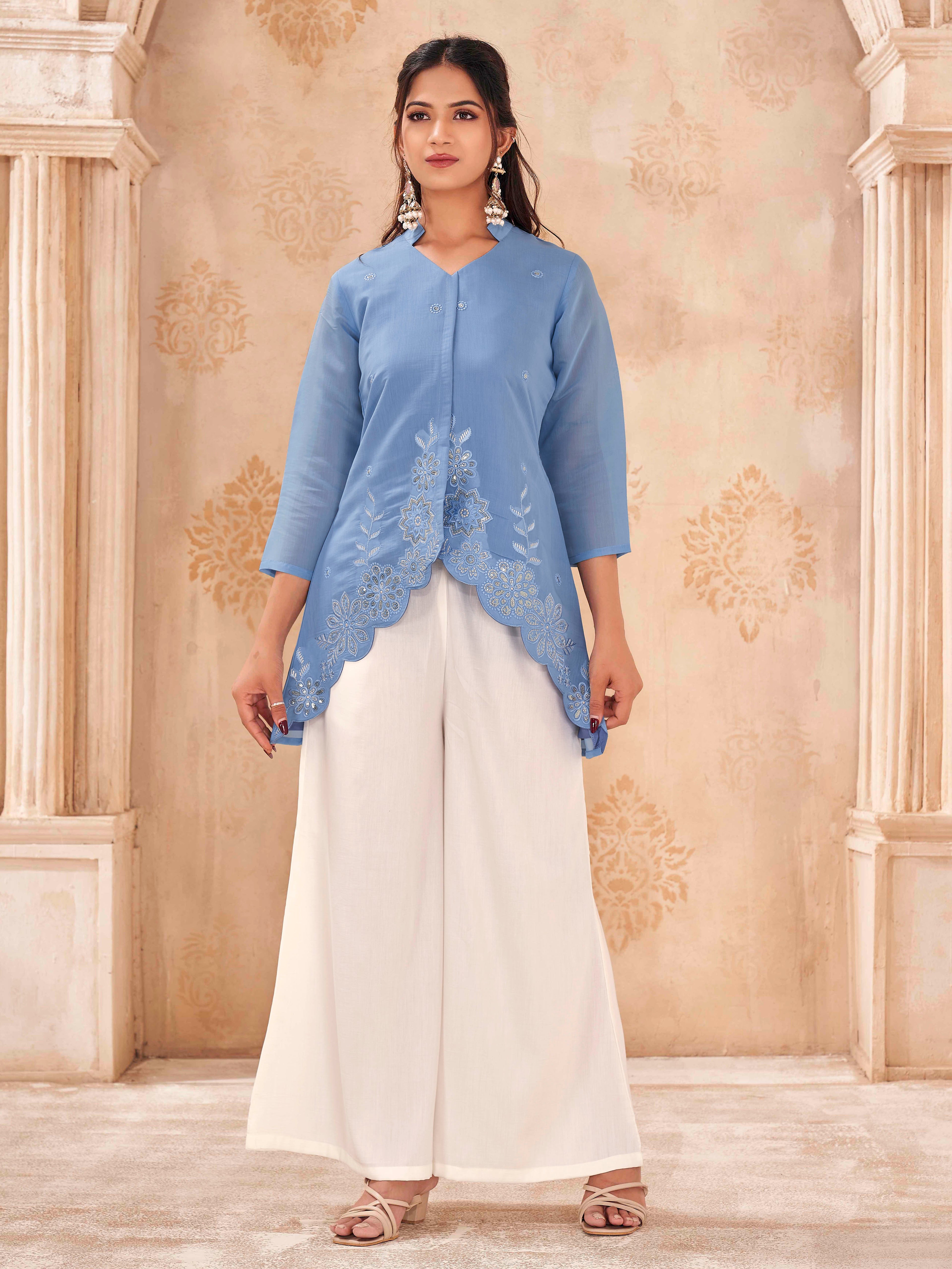 Blue color silk blend with thread & sequinns work embroidered tunic & A-line plazzo cordset