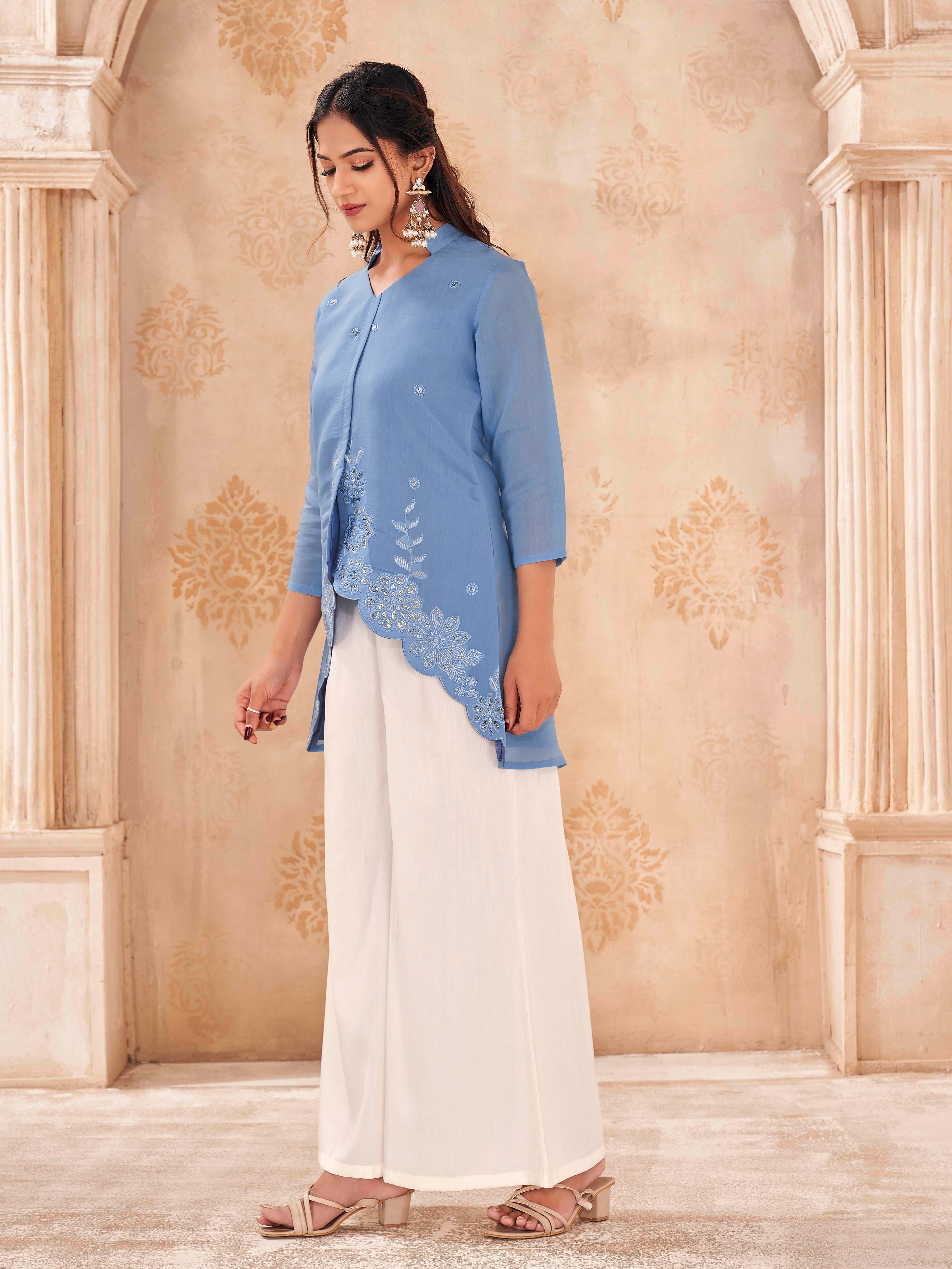 Blue color silk blend with thread & sequinns work embroidered tunic & A-line plazzo cordset
