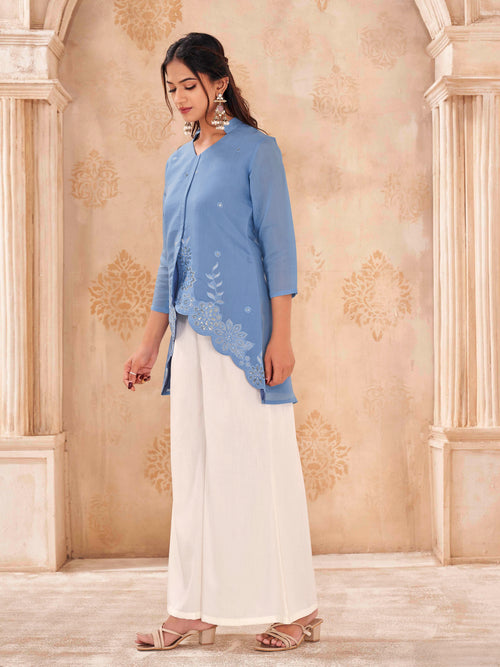 Blue color silk blend with thread & sequinns work embroidered tunic & A-line plazzo cordset