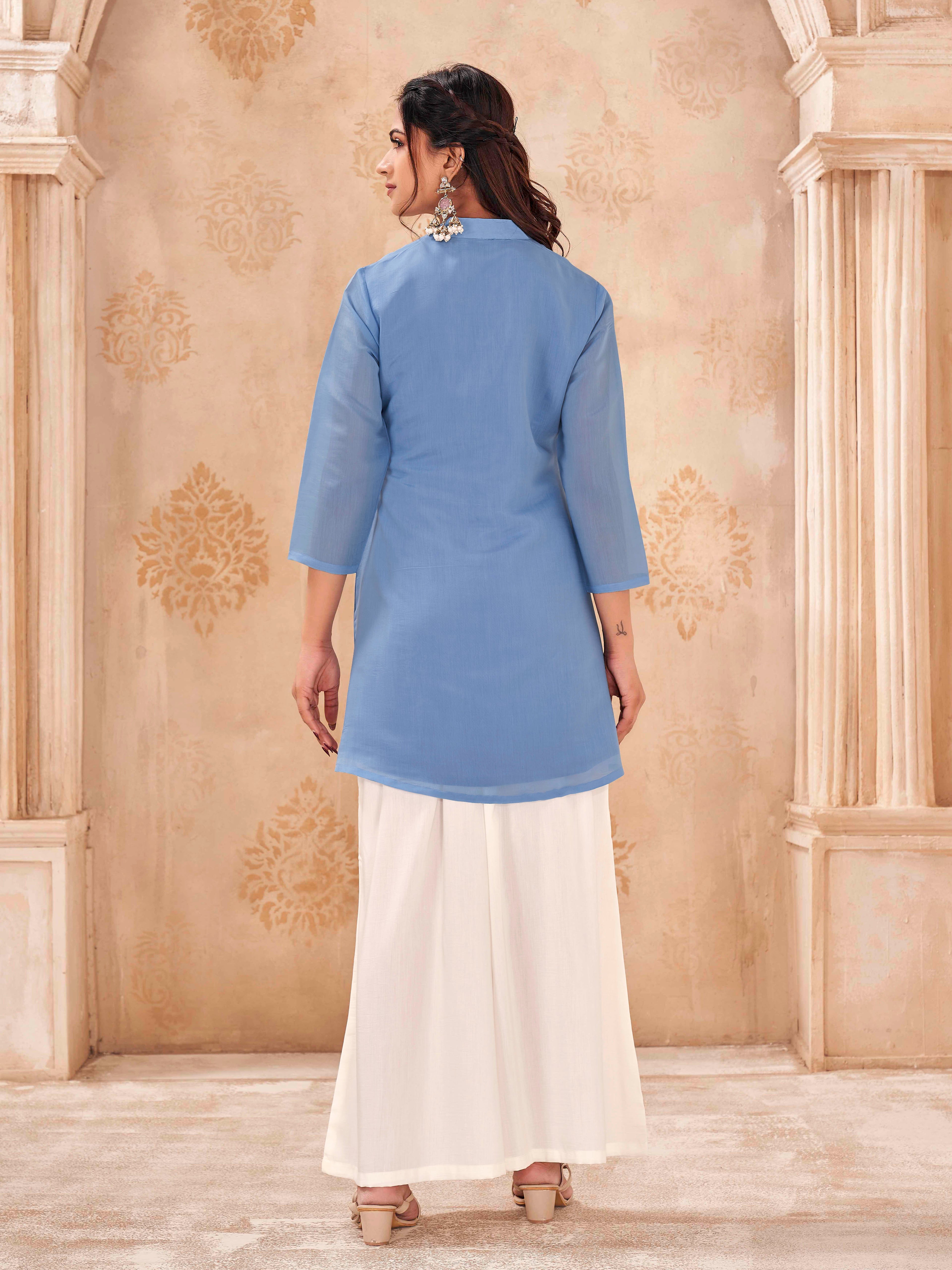 Blue color silk blend with thread & sequinns work embroidered tunic & A-line plazzo cordset