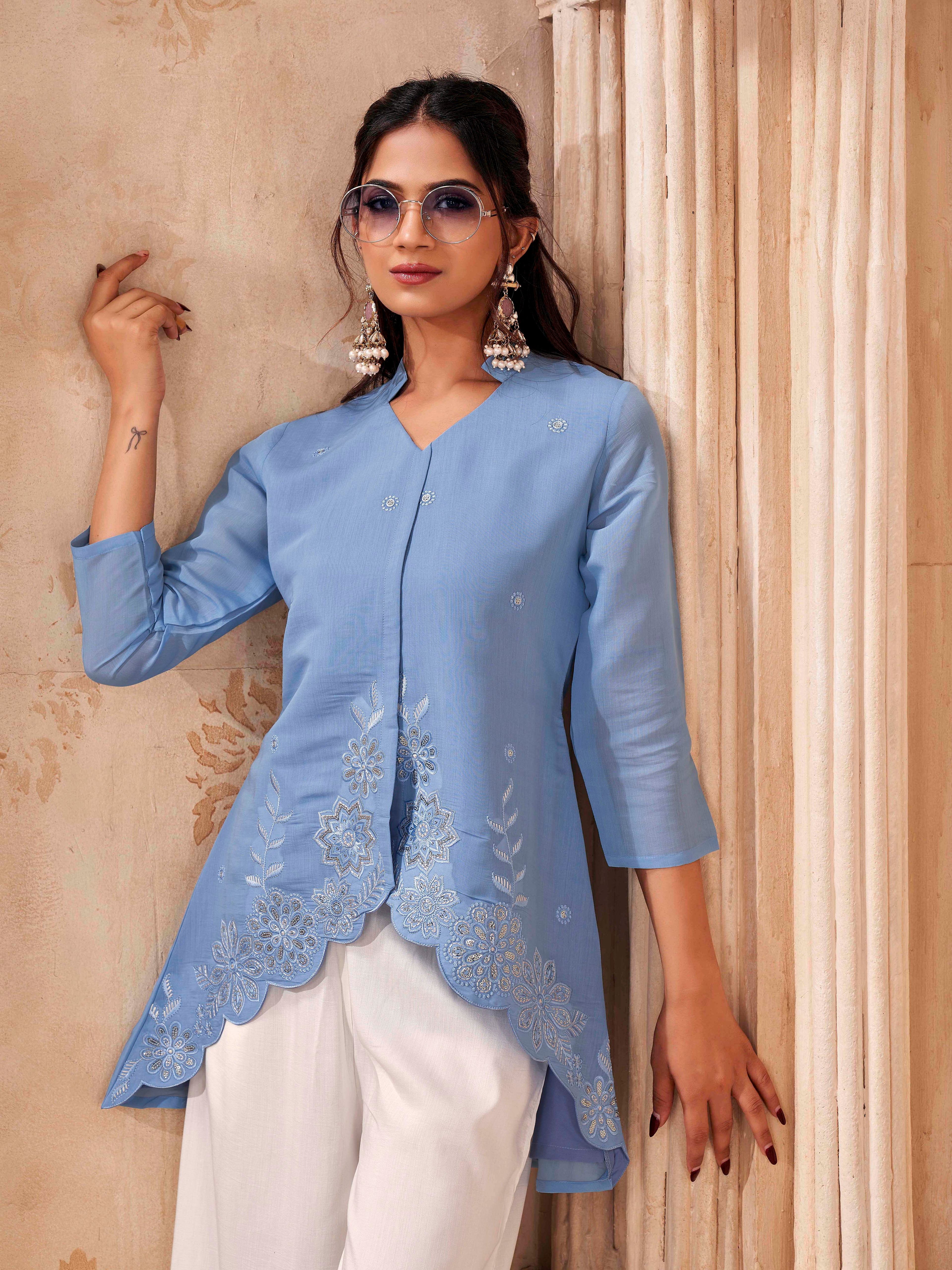 Blue color silk blend with thread & sequinns work embroidered tunic & A-line plazzo cordset