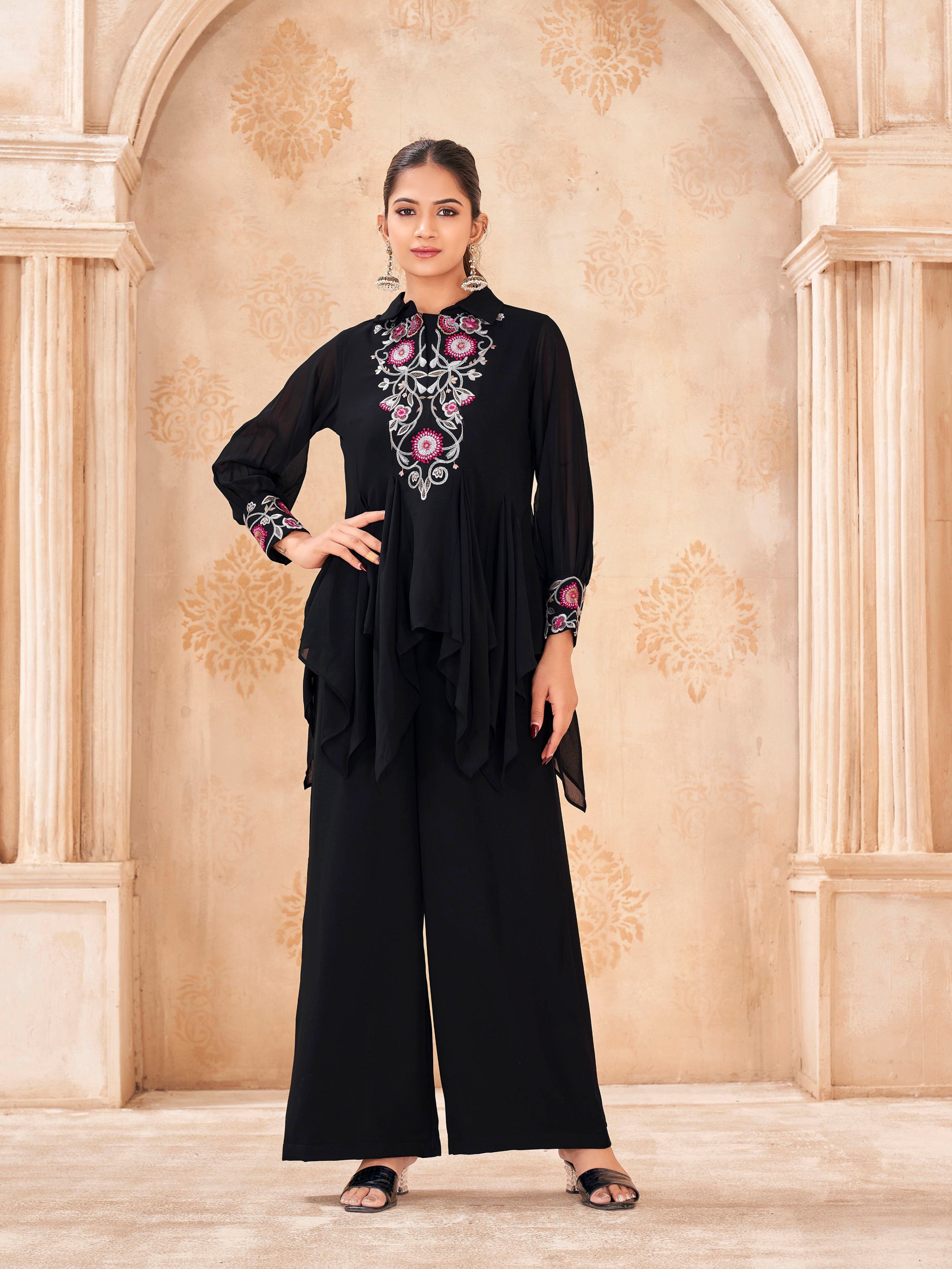 Black color georgette with multi thread embroidered asymatric top and plazzo cordset