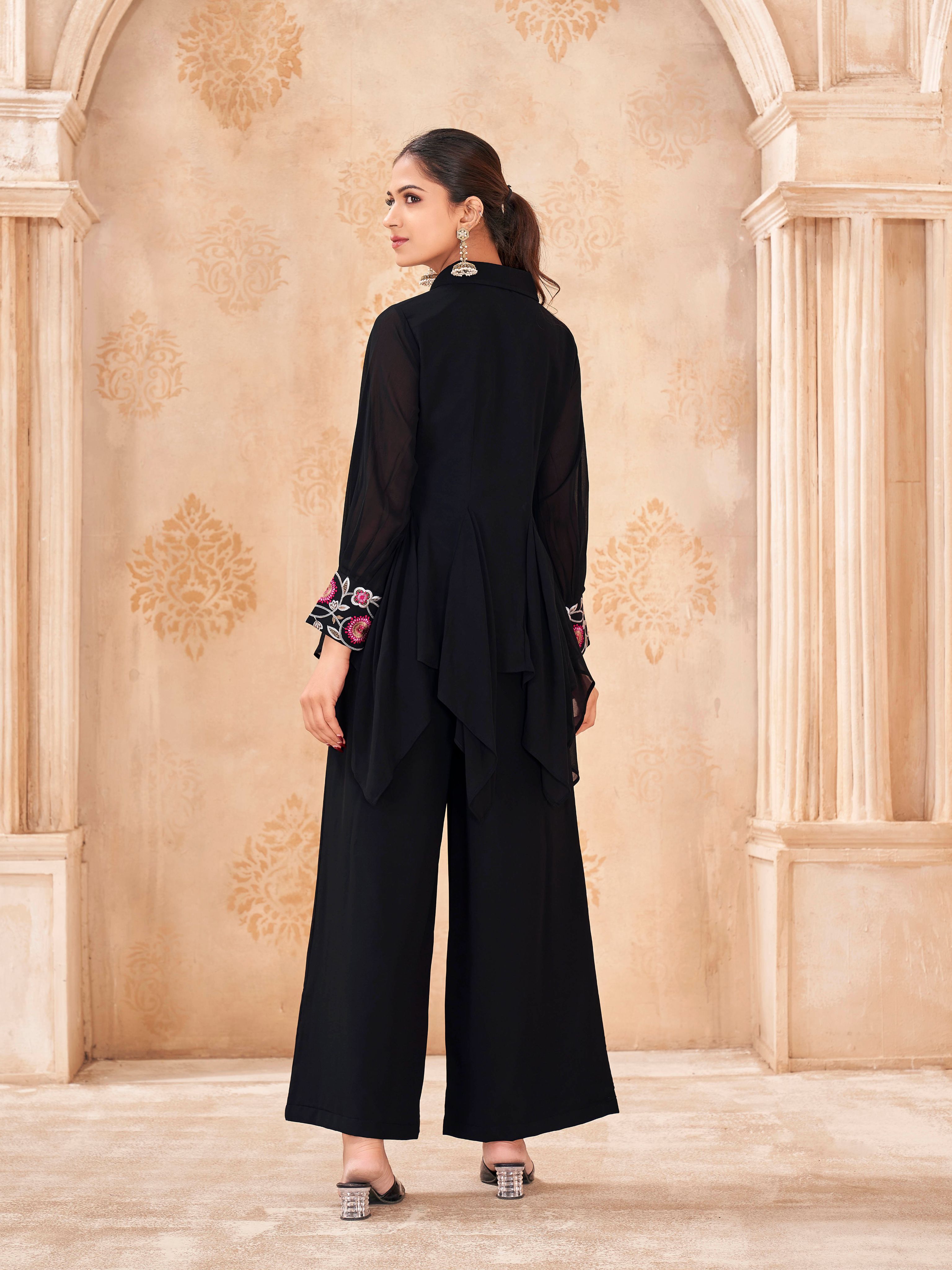 Black color georgette with multi thread embroidered asymatric top and plazzo cordset