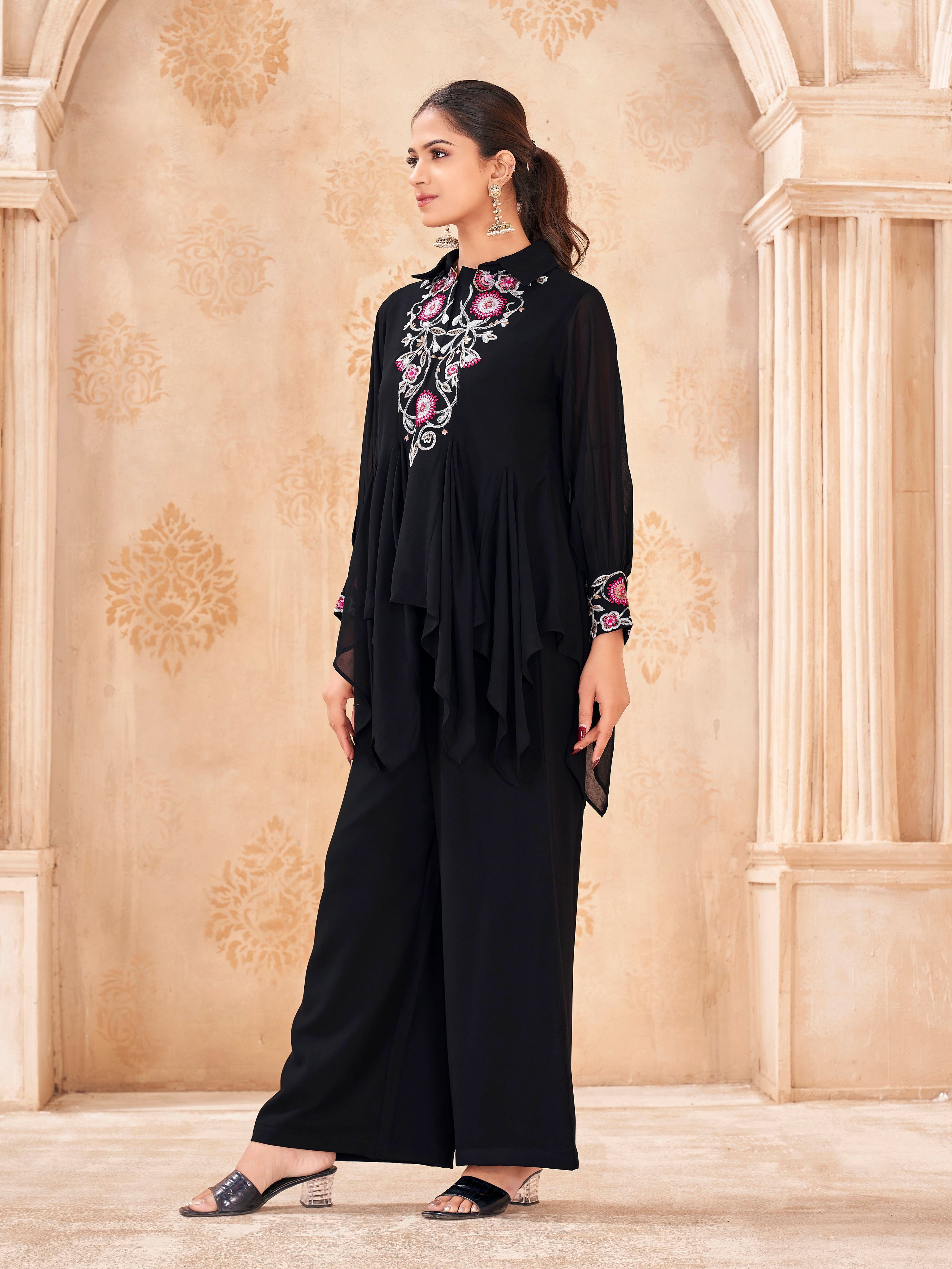 Black color georgette with multi thread embroidered asymatric top and plazzo cordset