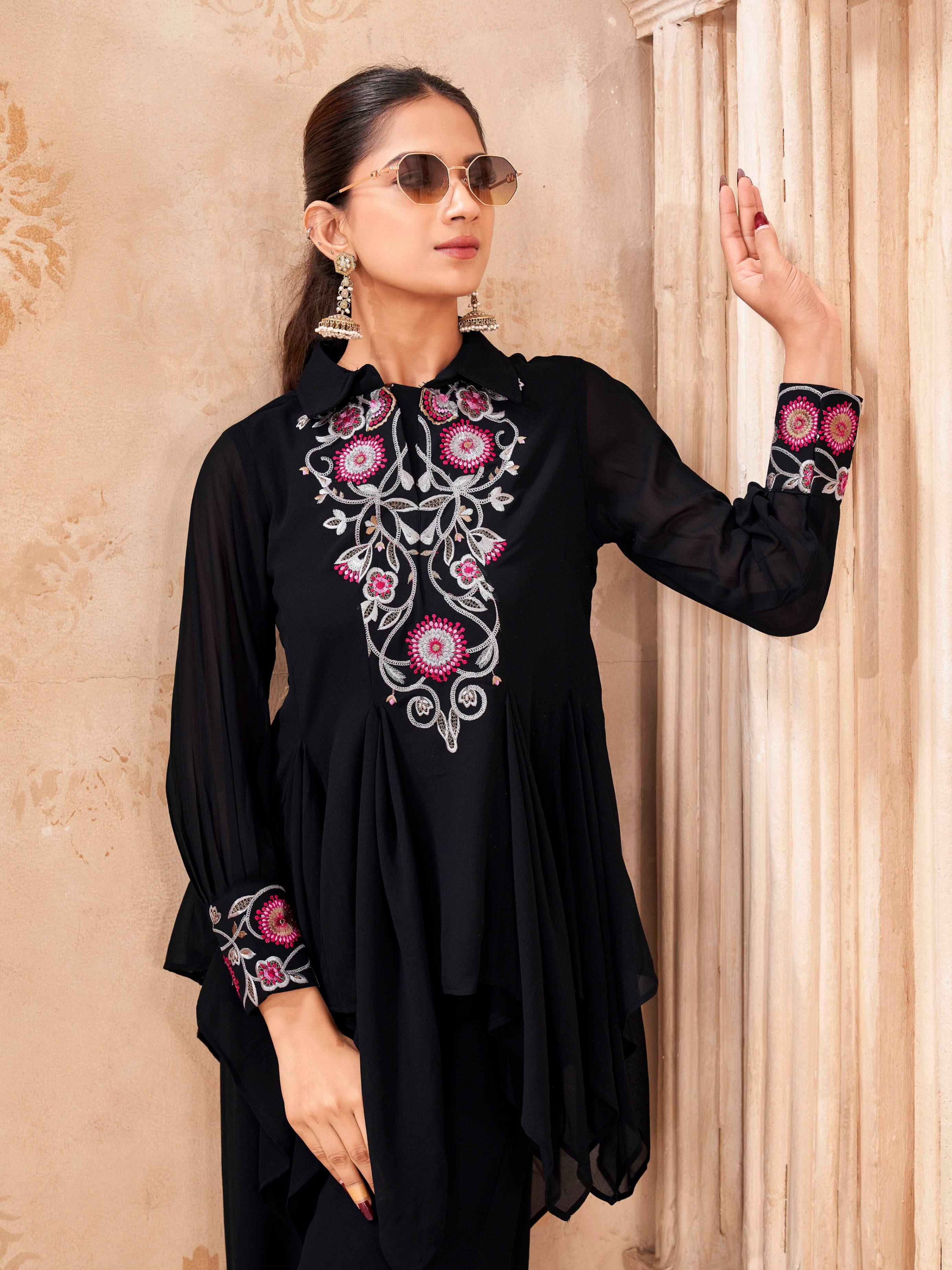 Black color georgette with multi thread embroidered asymatric top and plazzo cordset