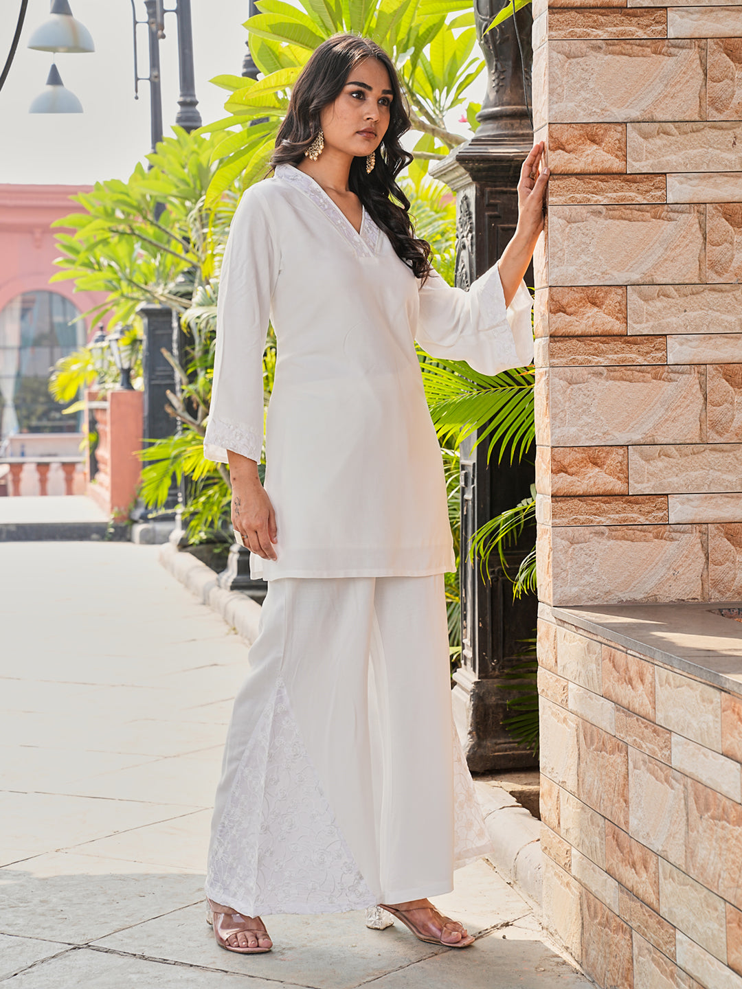 White color rayon with thread work embroidered bell sleeve top and boot cut co-ords set