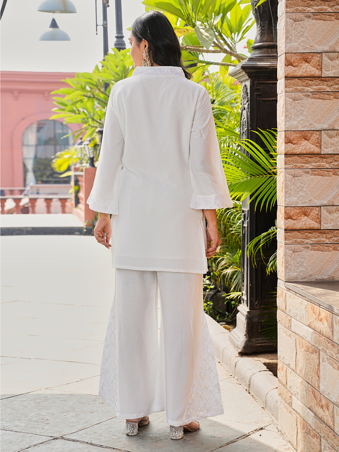 White color rayon with thread work embroidered bell sleeve top and boot cut co-ords set
