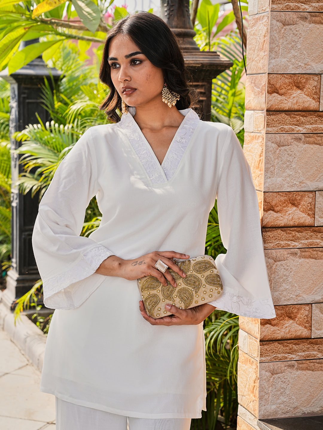 White color rayon with thread work embroidered bell sleeve top and boot cut co-ords set