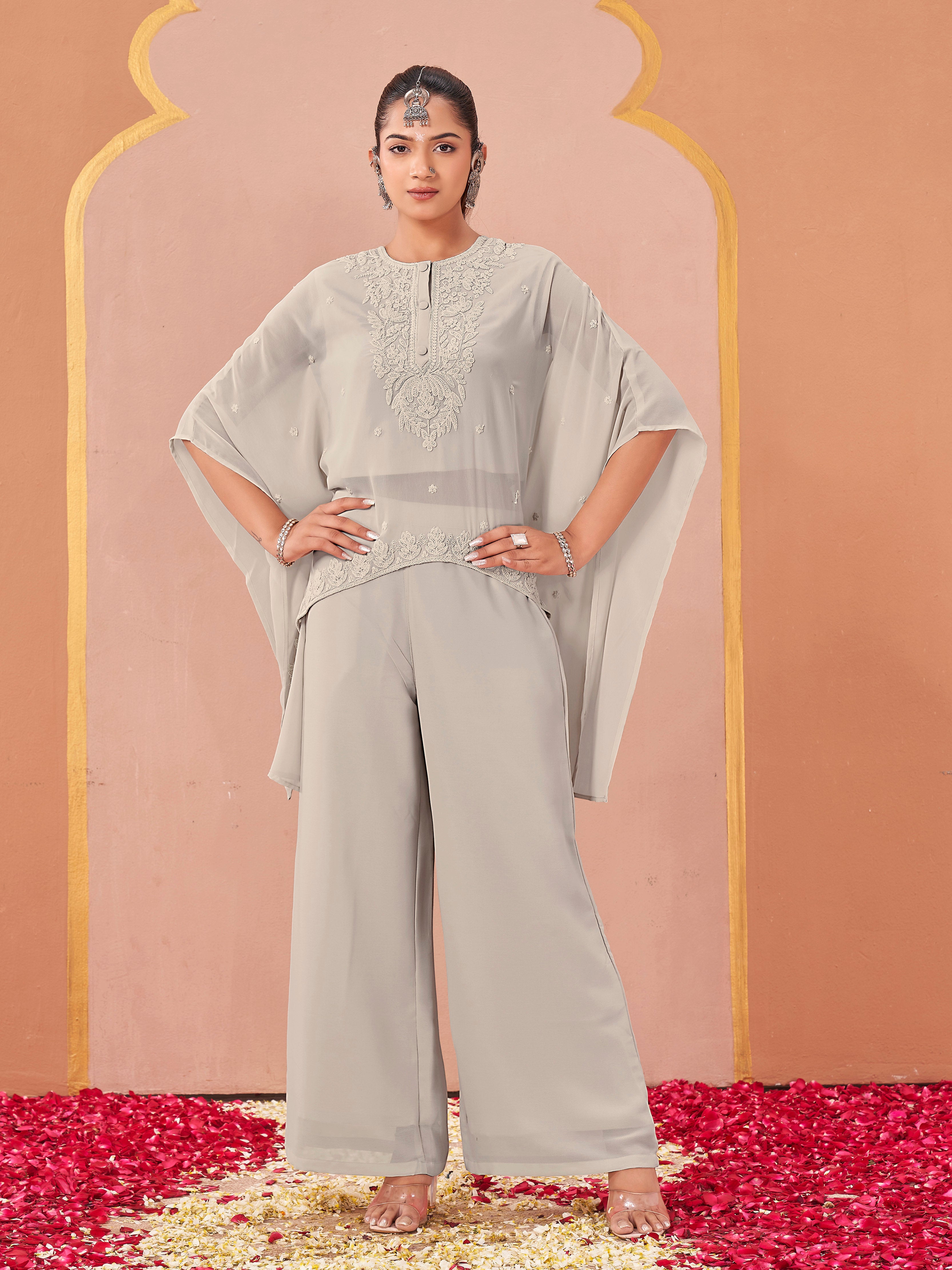 Steel grey color georgette with thread coding work embroidered kaftan style top & plazzo co-ord set
