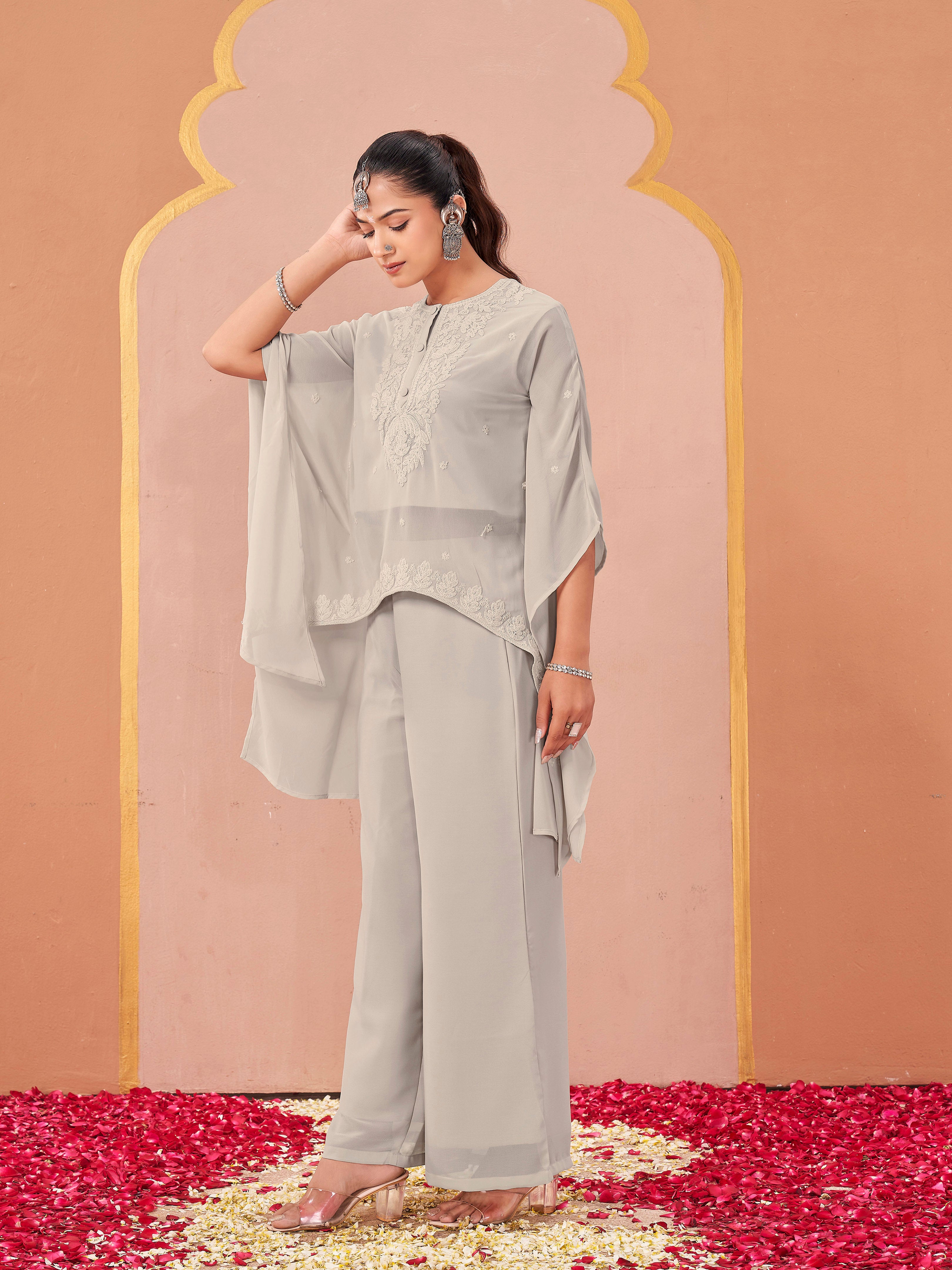 Steel grey color georgette with thread coding work embroidered kaftan style top & plazzo co-ord set