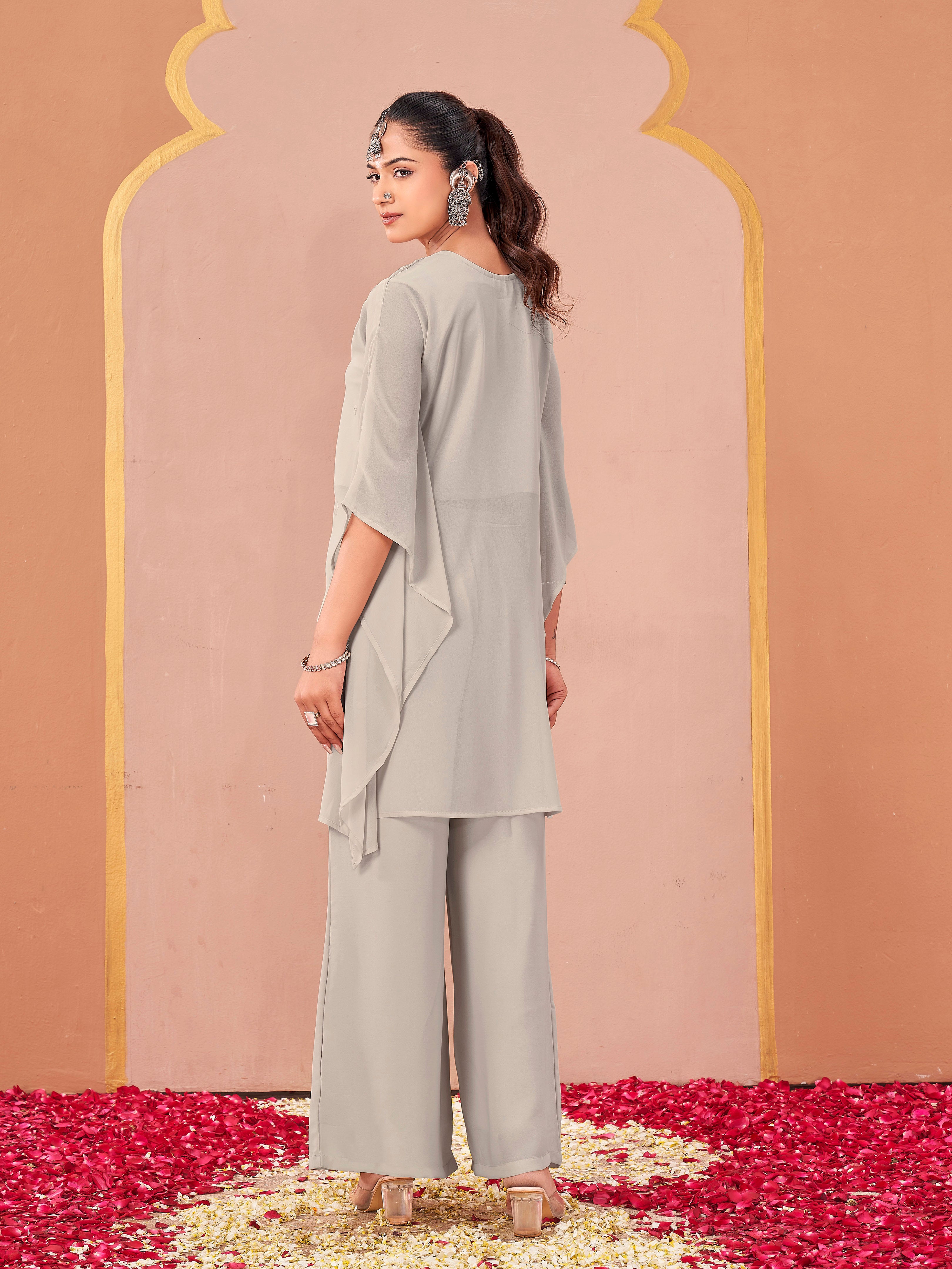 Steel grey color georgette with thread coding work embroidered kaftan style top & plazzo co-ord set