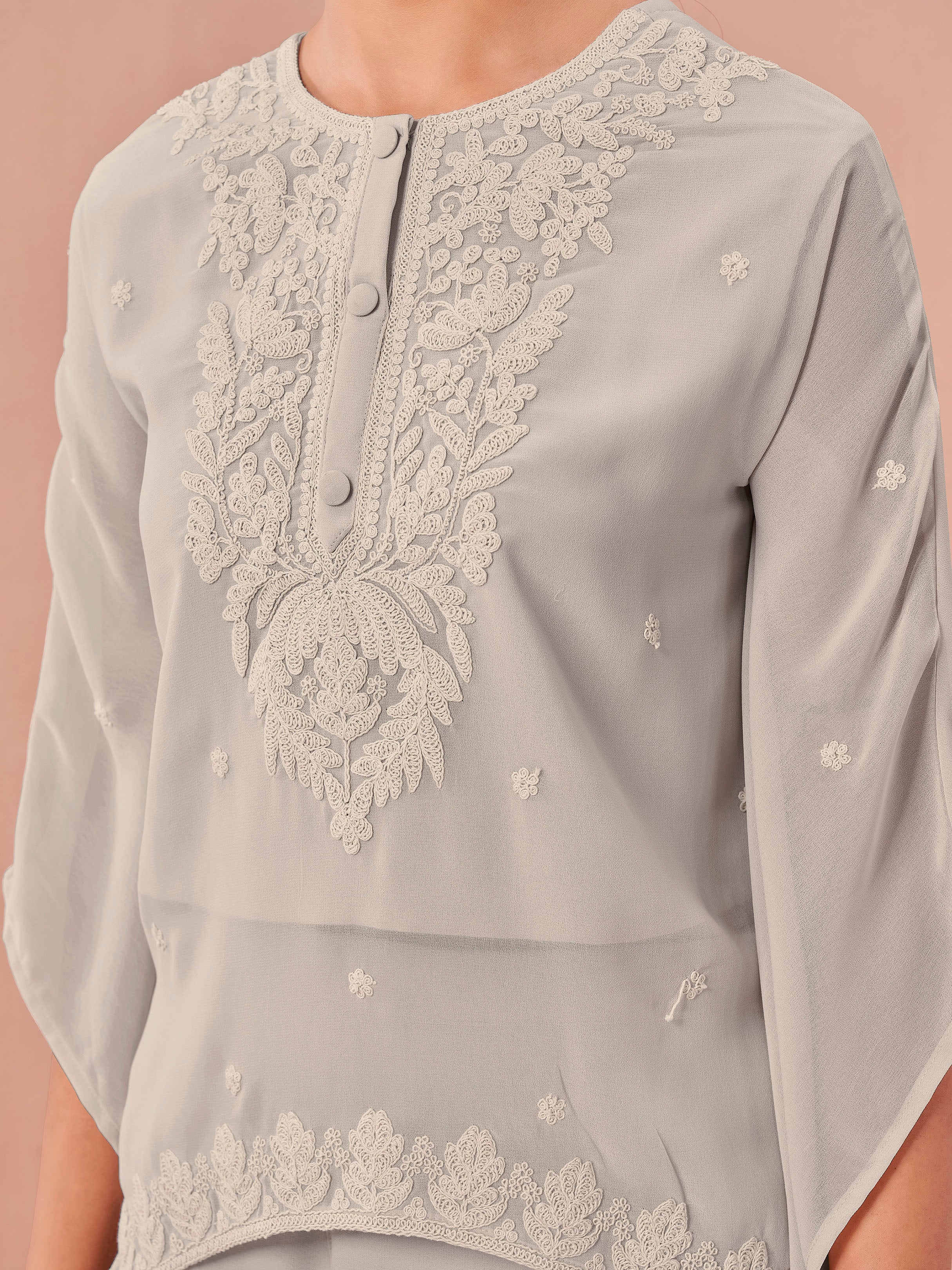 Steel grey color georgette with thread coding work embroidered kaftan style top & plazzo co-ord set