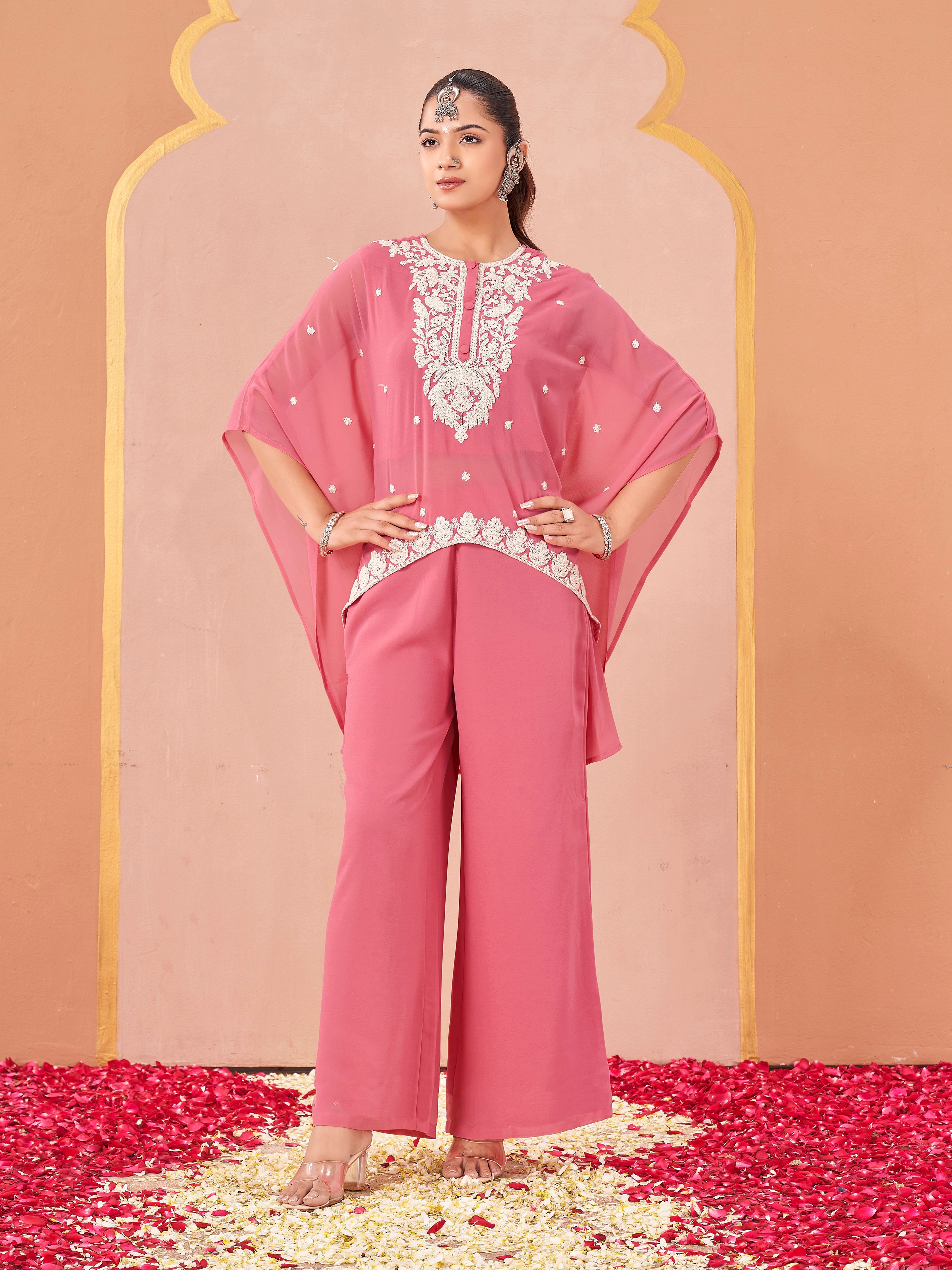 Pink color georgette with thread coding work embroidered kaftan style top & plazzo co-ord set