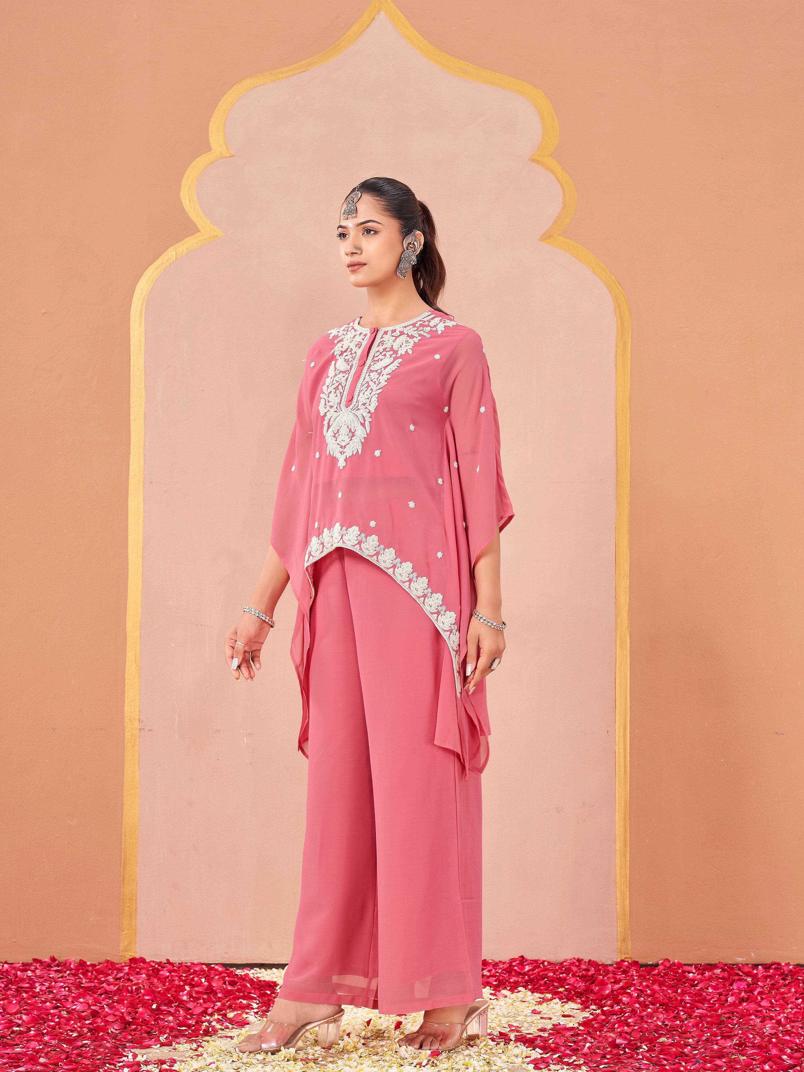 Pink color georgette with thread coding work embroidered kaftan style top & plazzo co-ord set