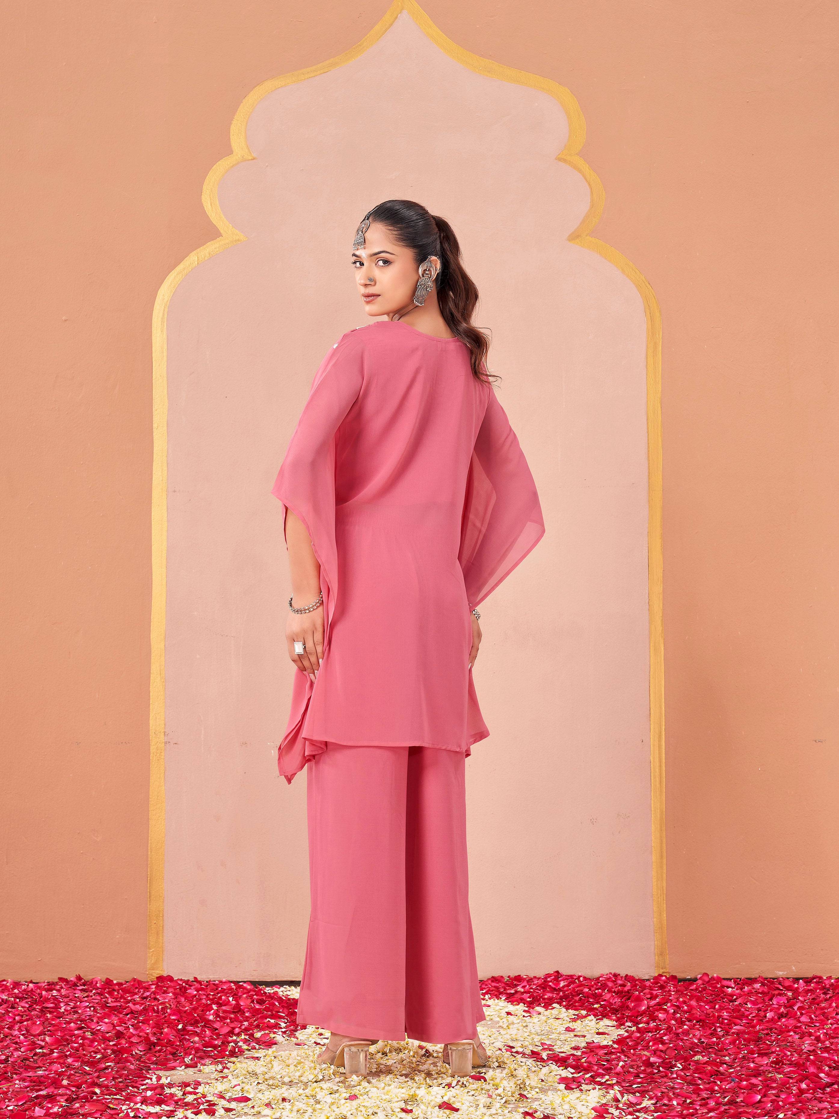 Pink color georgette with thread coding work embroidered kaftan style top & plazzo co-ord set