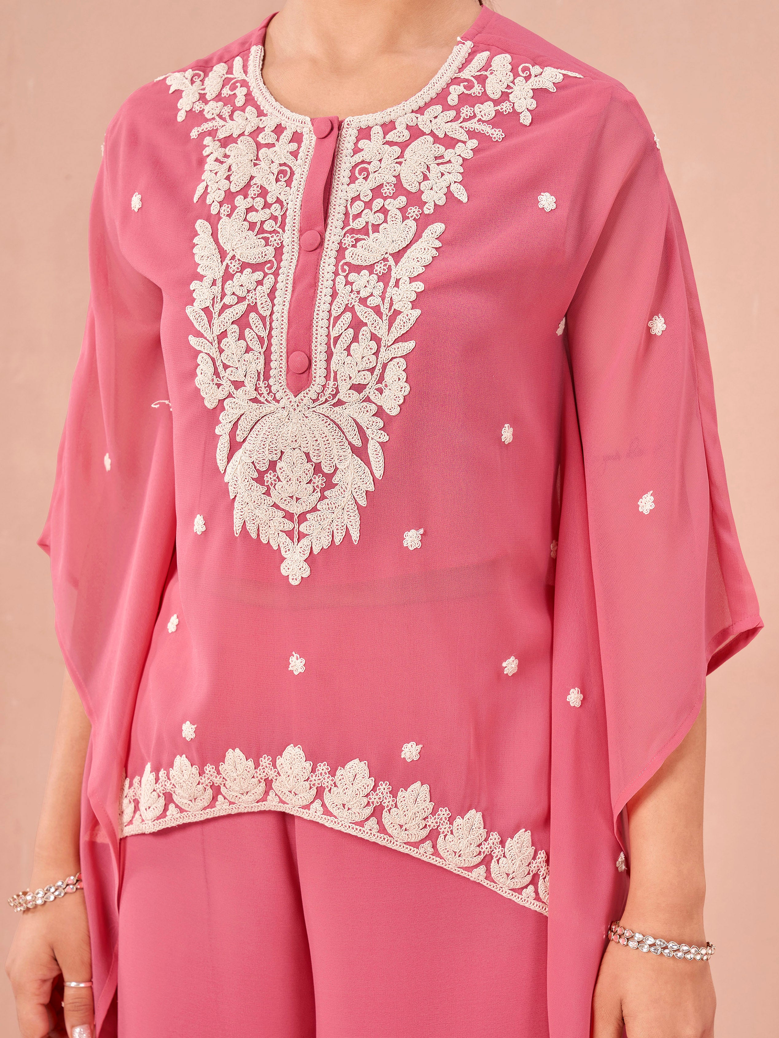 Pink color georgette with thread coding work embroidered kaftan style top & plazzo co-ord set