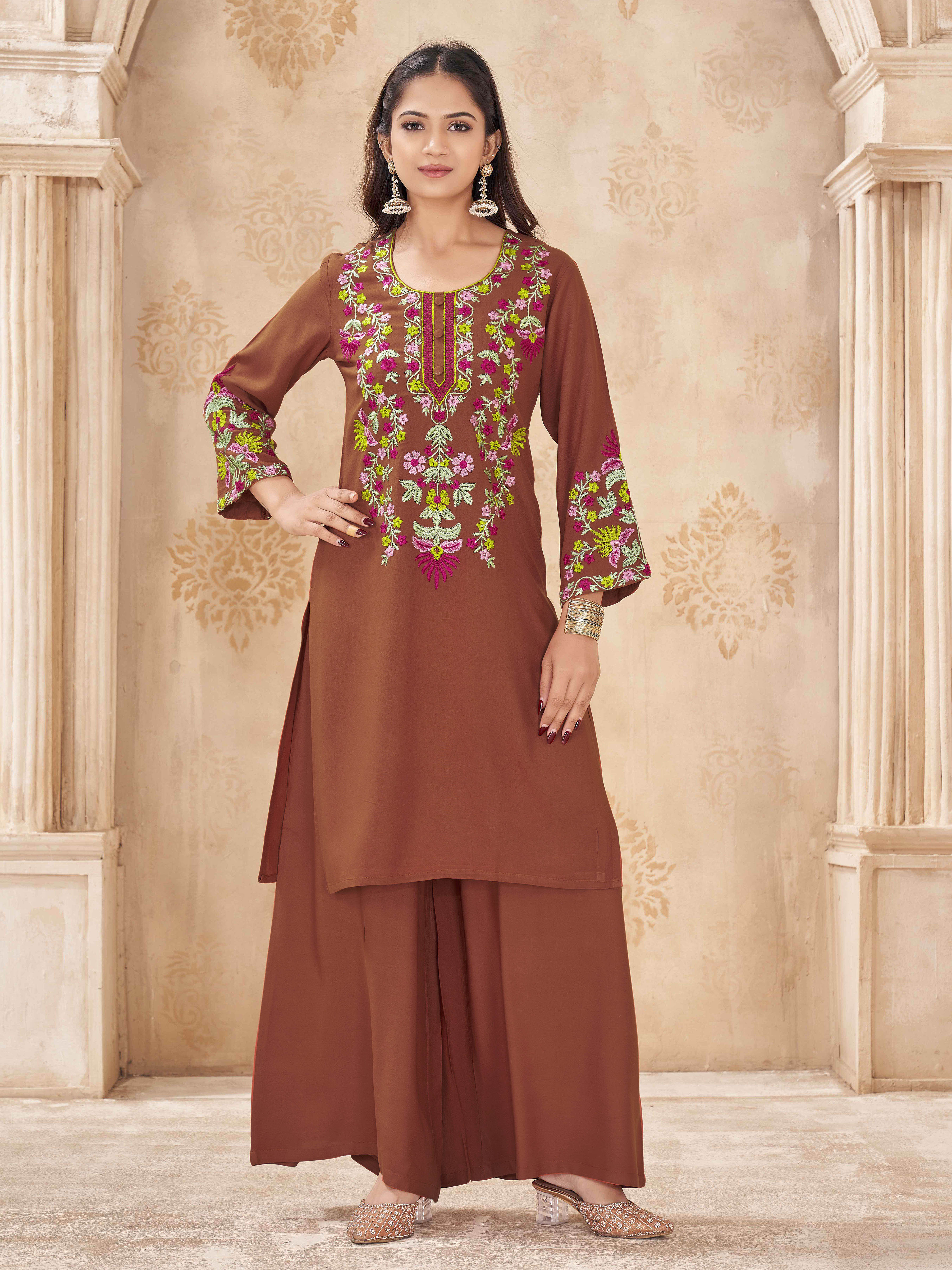 Rust color rayon with colorful thread embroidered tunic & a-line plazzo cordset