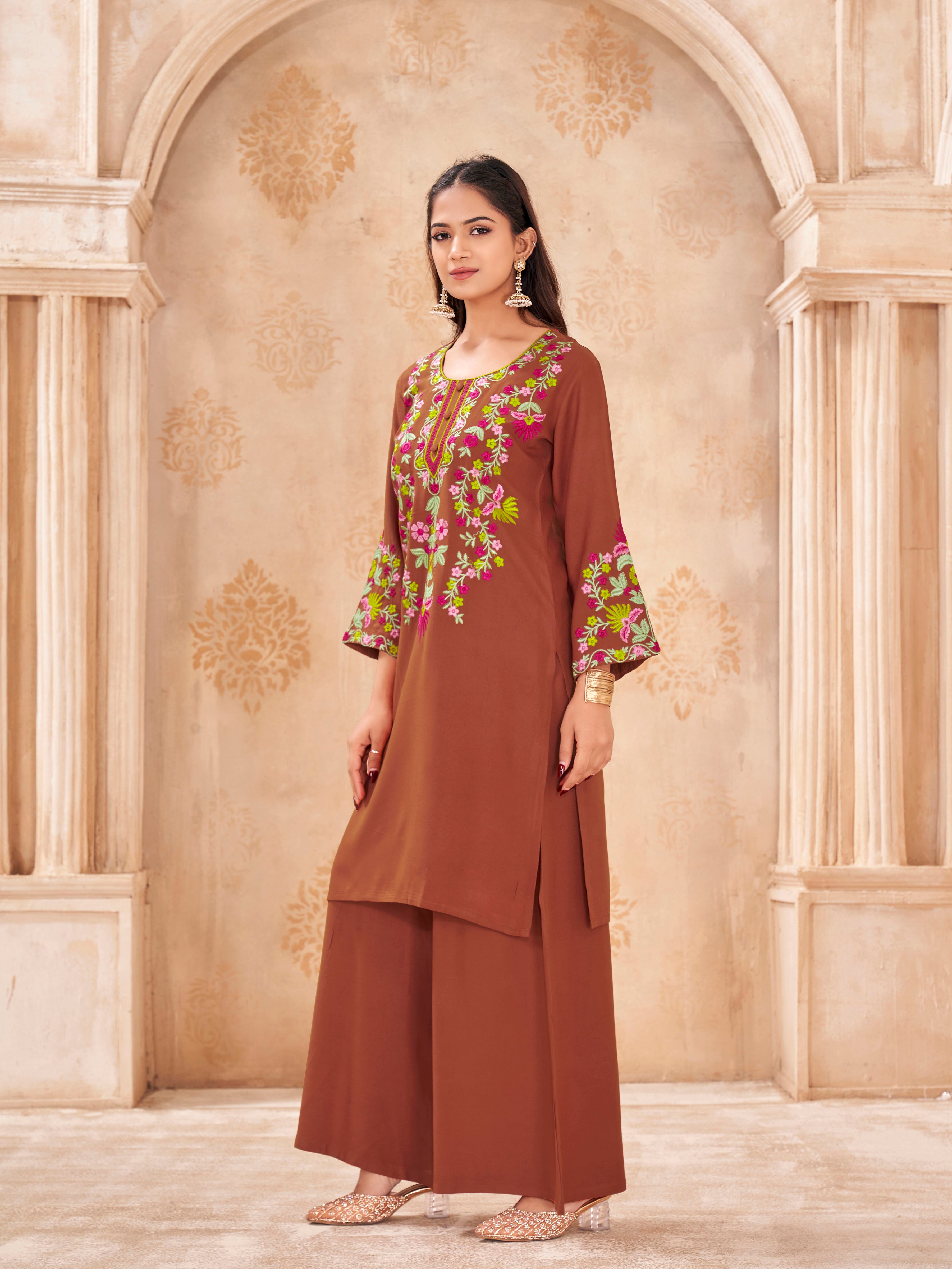 Rust color rayon with colorful thread embroidered tunic & a-line plazzo cordset