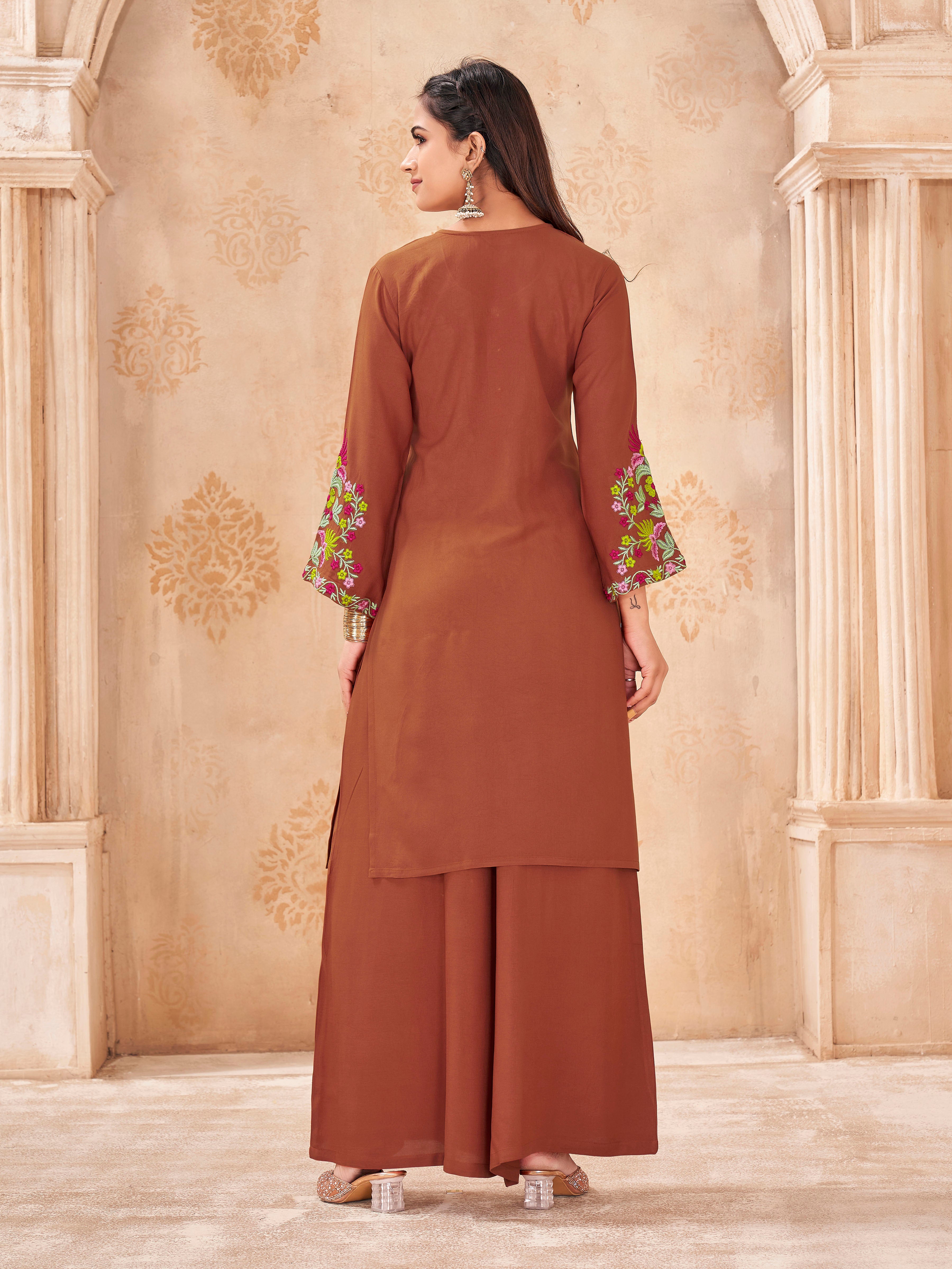Rust color rayon with colorful thread embroidered tunic & a-line plazzo cordset
