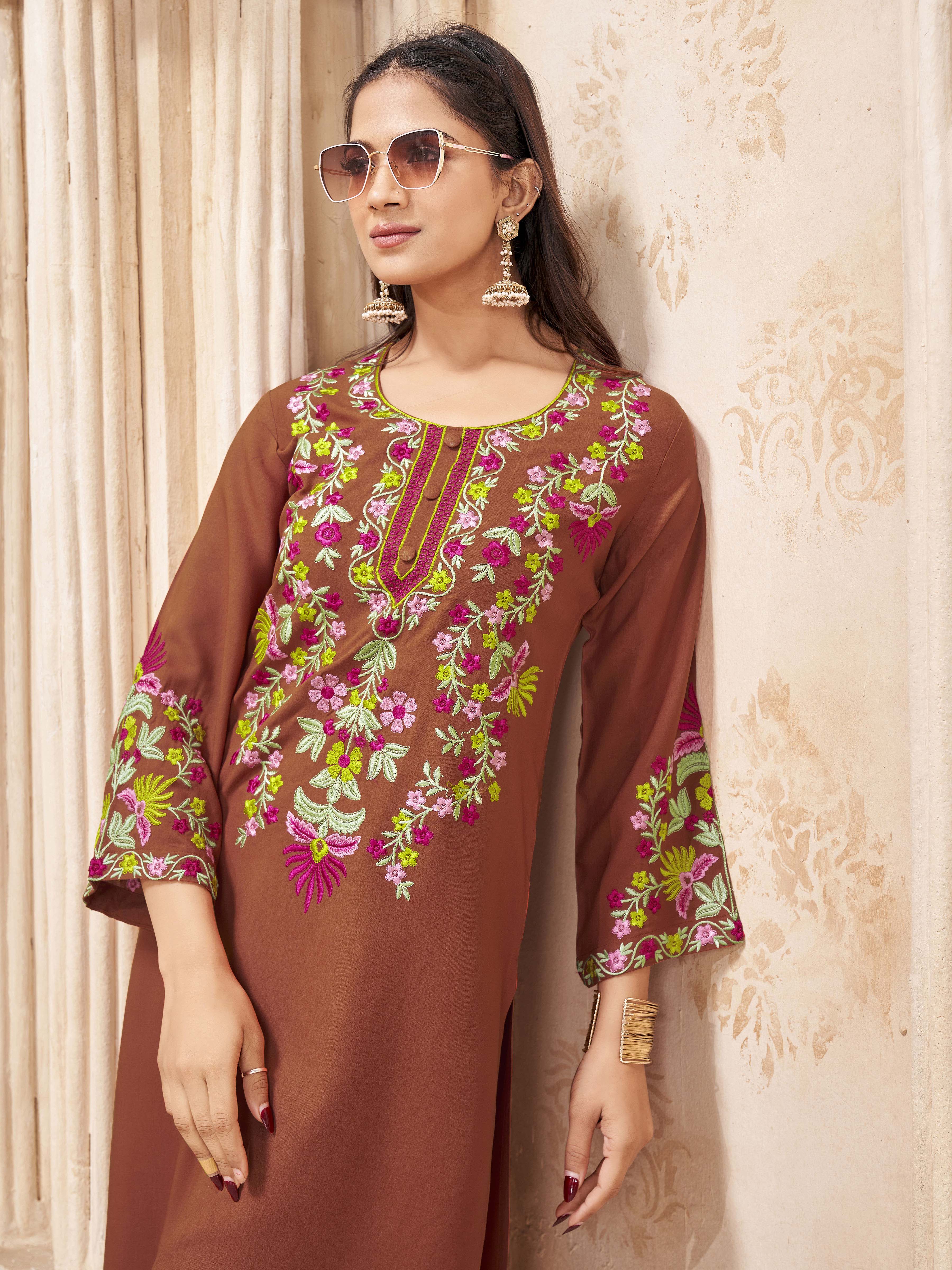 Rust color rayon with colorful thread embroidered tunic & a-line plazzo cordset