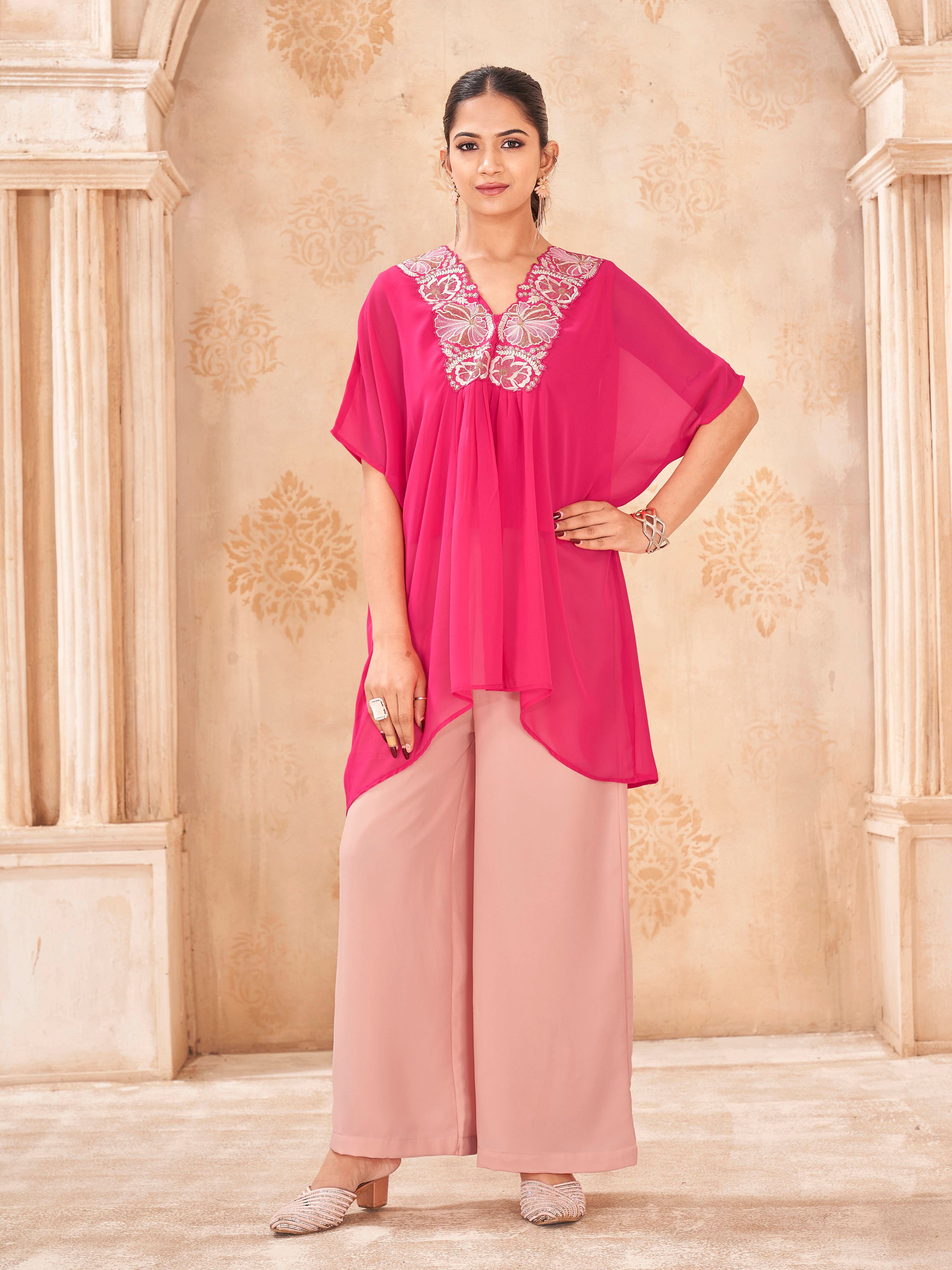Pink & Peach color georgette with thread & sequence embroidered kaftan & plazzo cordset