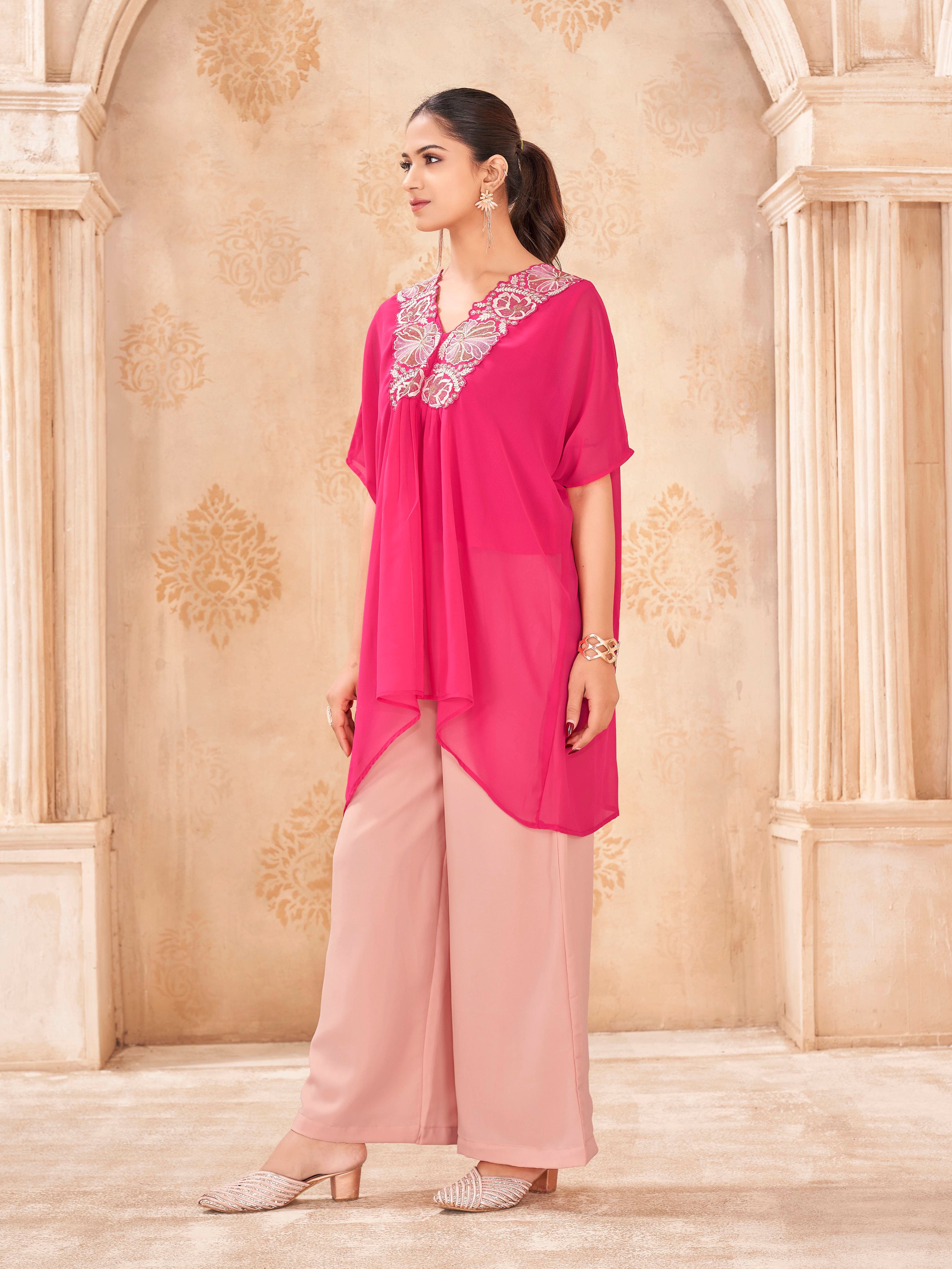 Pink & Peach color georgette with thread & sequence embroidered kaftan & plazzo cordset