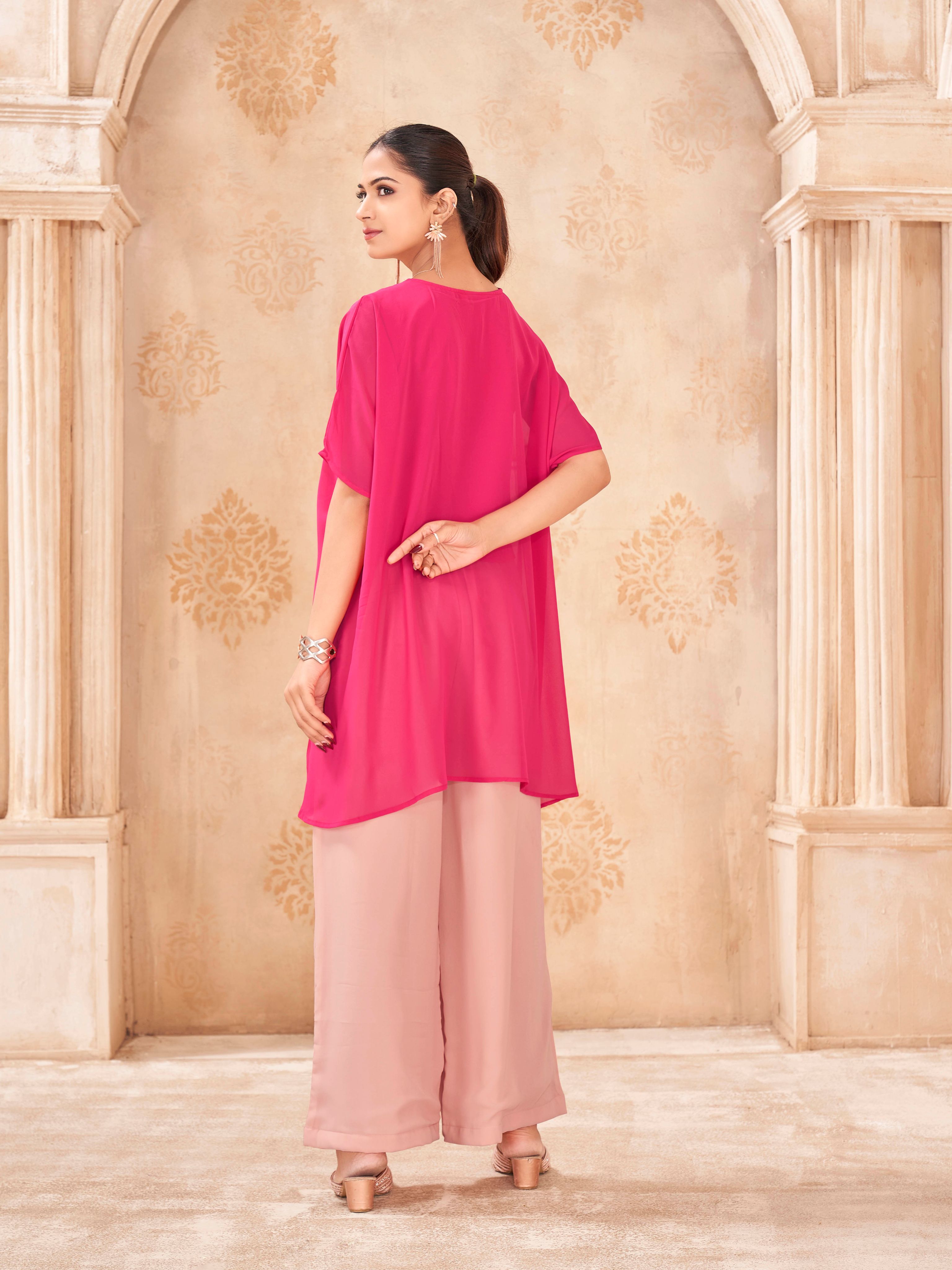 Pink & Peach color georgette with thread & sequence embroidered kaftan & plazzo cordset