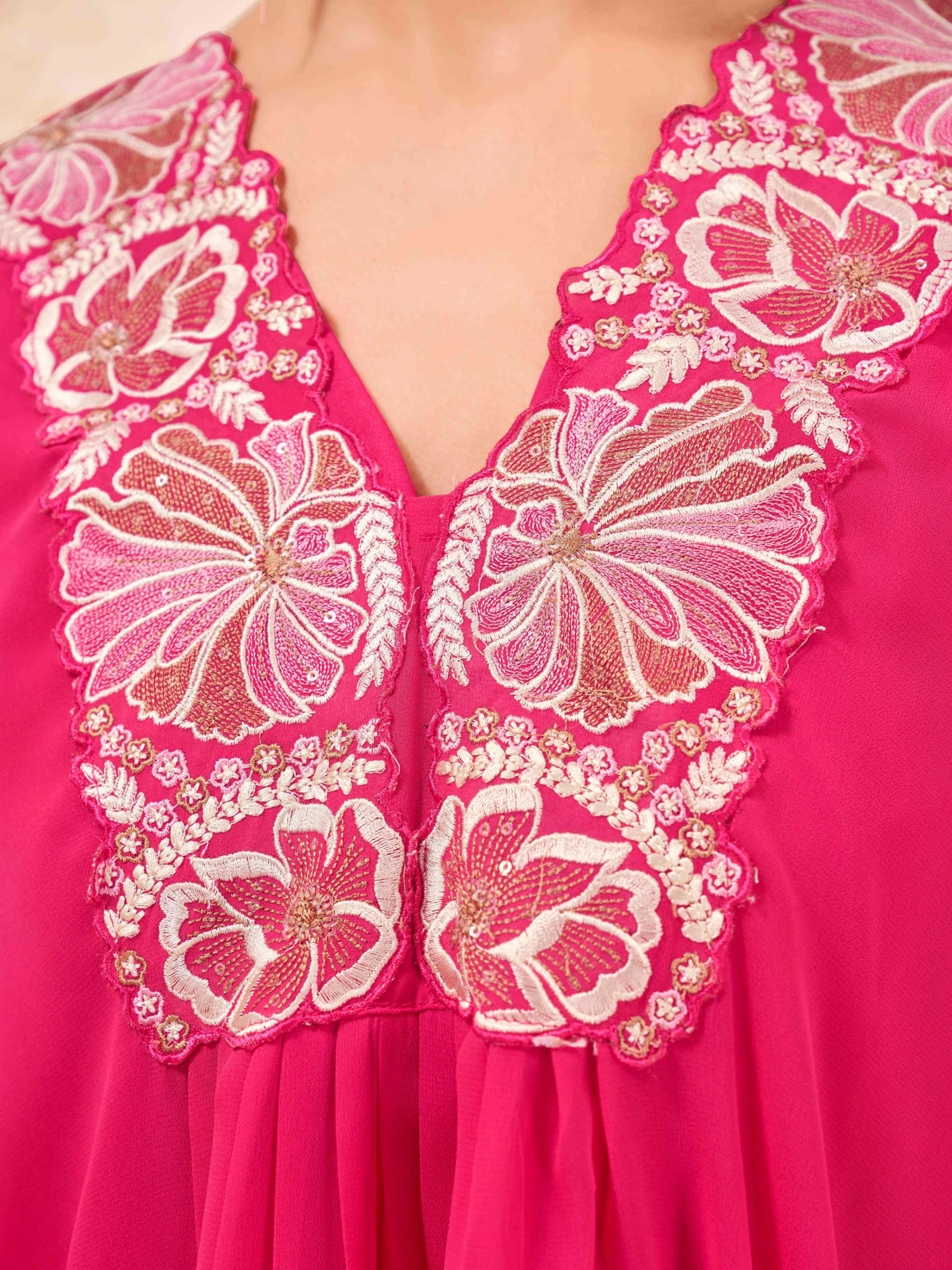 Pink & Peach color georgette with thread & sequence embroidered kaftan & plazzo cordset
