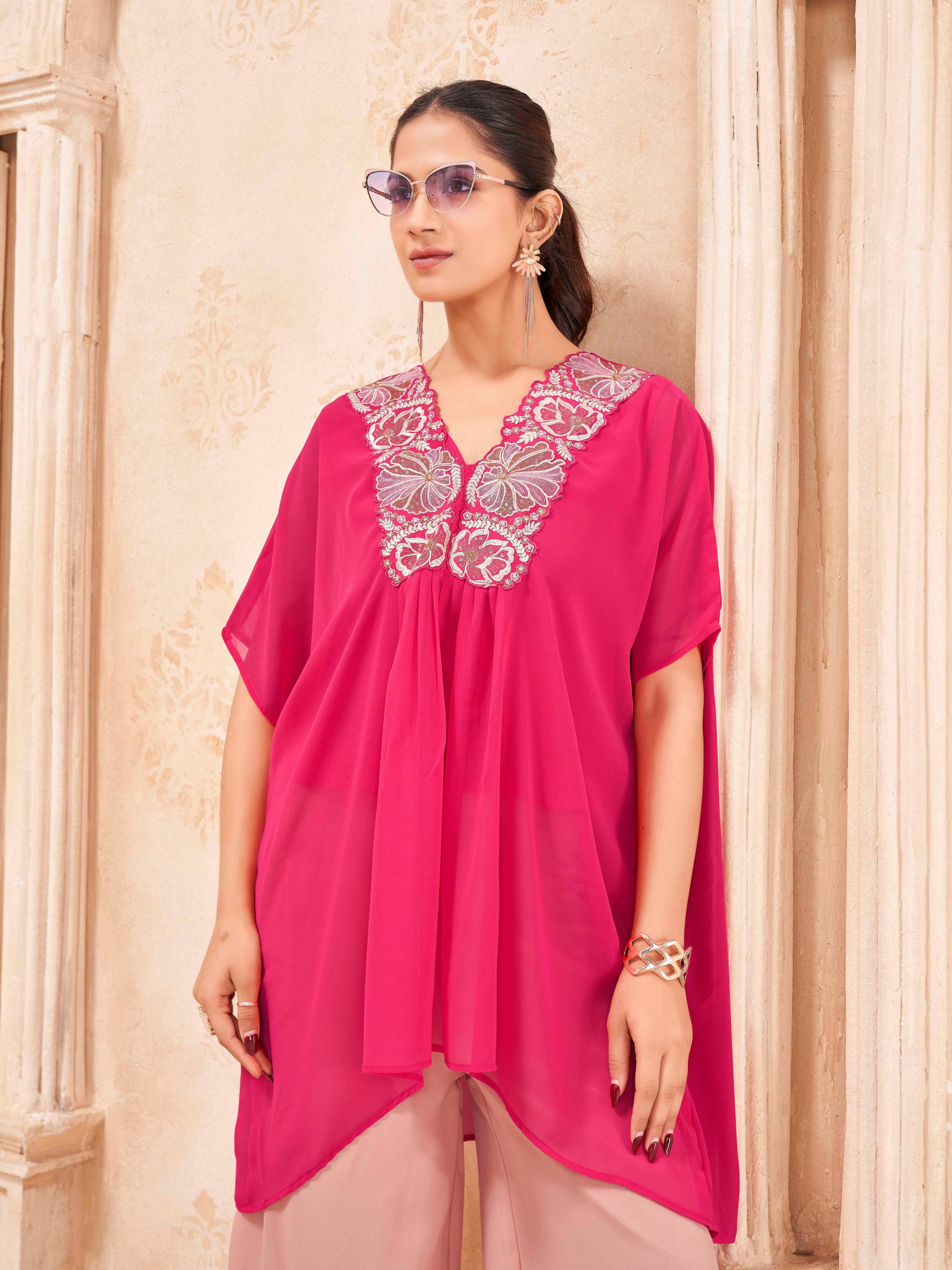 Pink & Peach color georgette with thread & sequence embroidered kaftan & plazzo cordset
