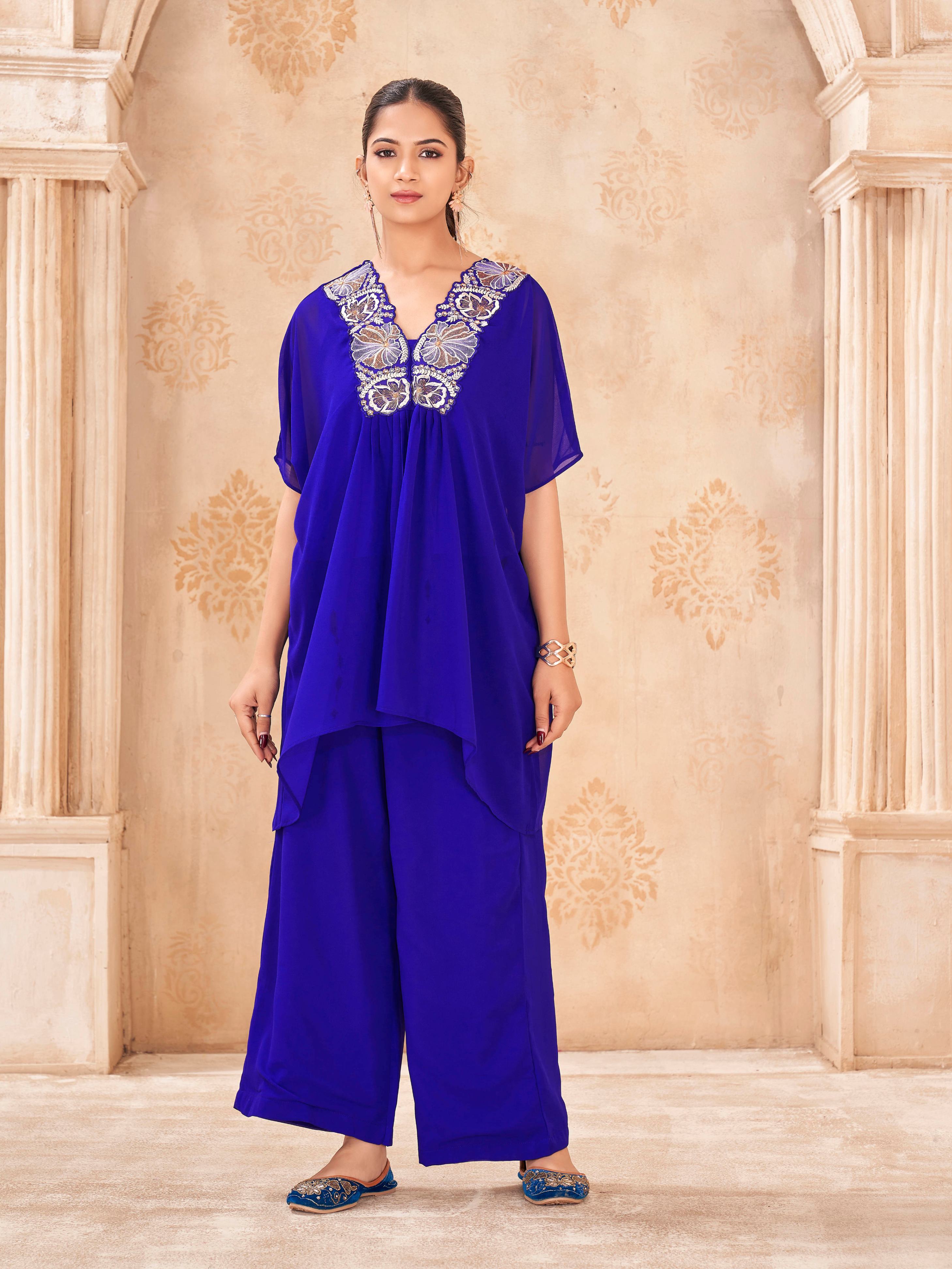 Royal blue color georgette with thread & sequence embroidered kaftan & plazzo cordset