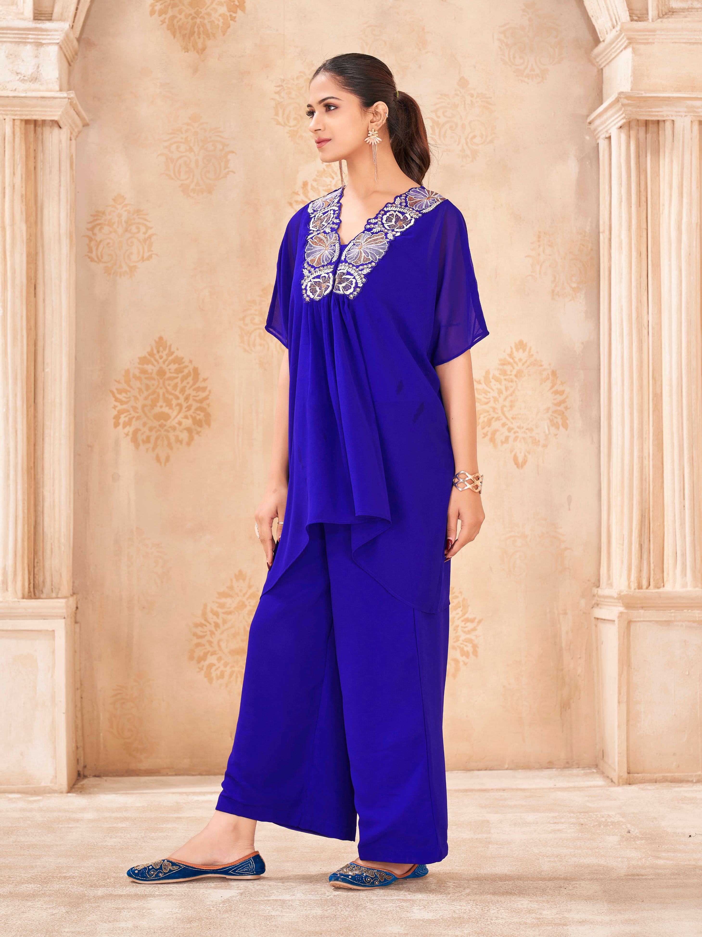 Royal blue color georgette with thread & sequence embroidered kaftan & plazzo cordset