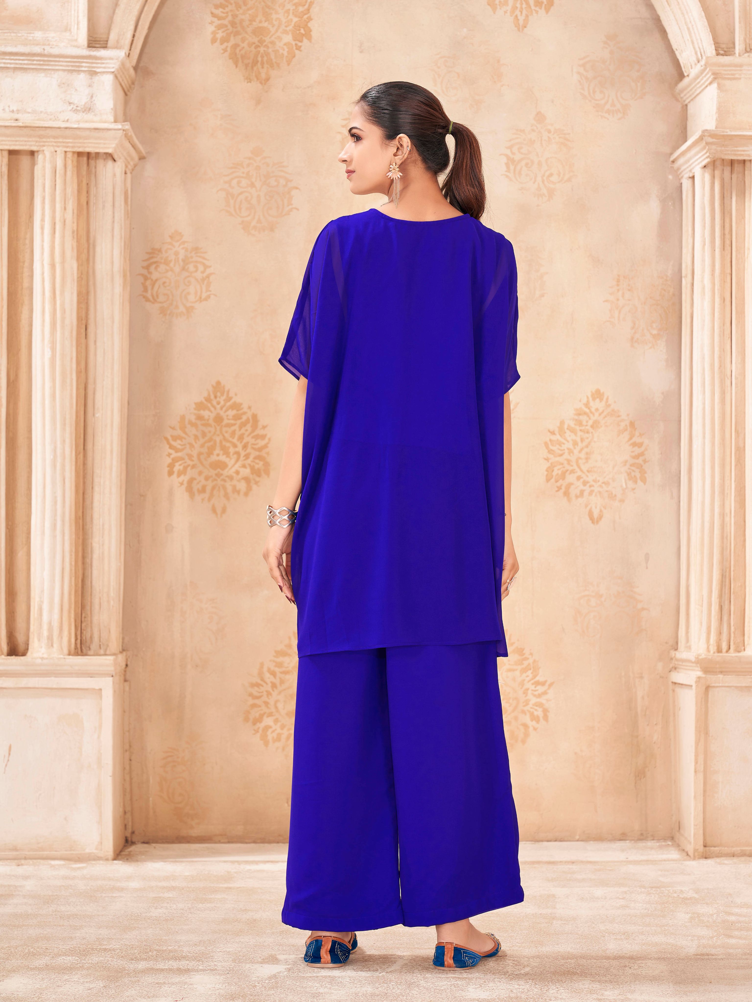 Royal blue color georgette with thread & sequence embroidered kaftan & plazzo cordset