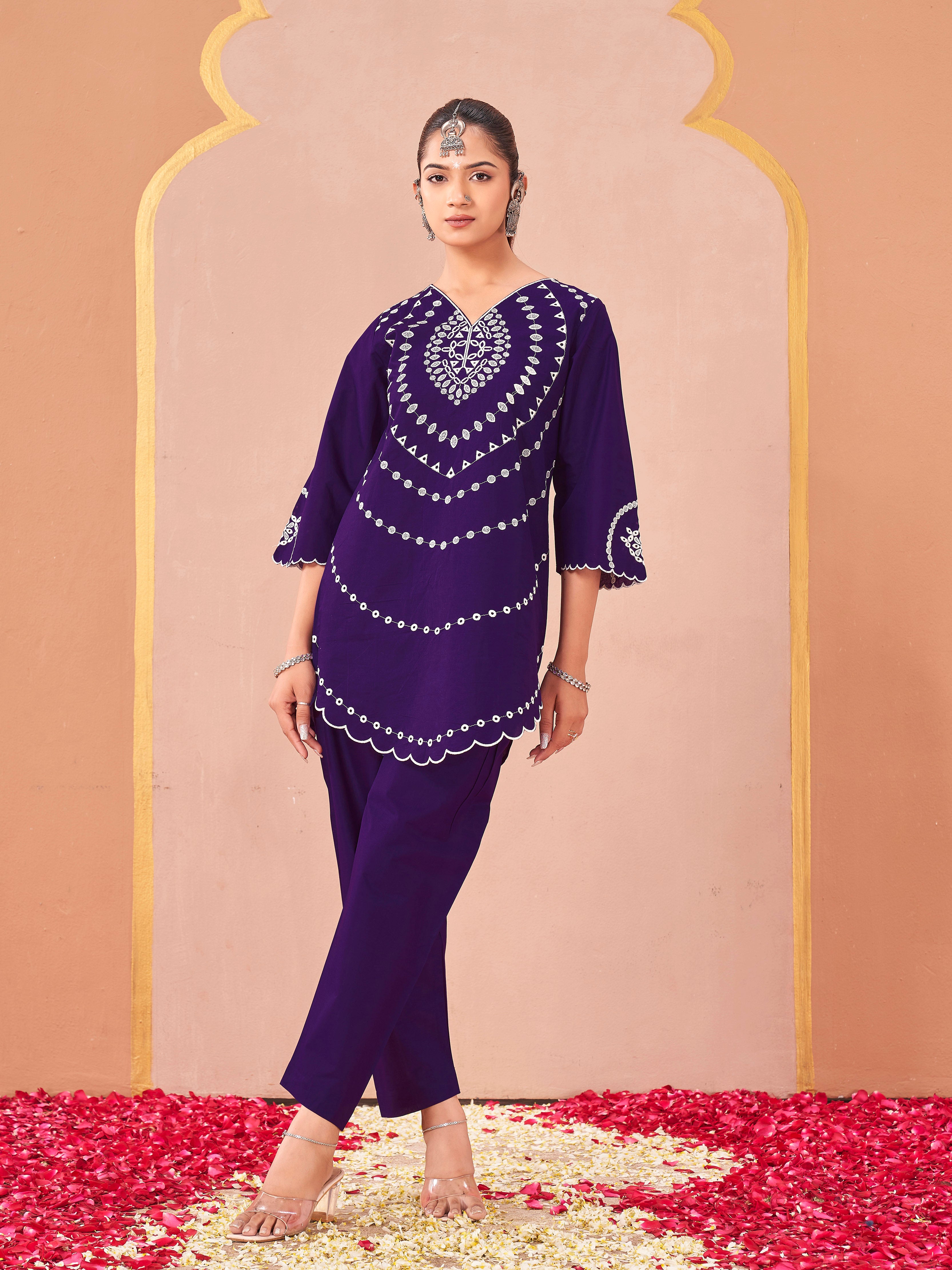 Purple color pure cotton thread chikankari type work embroidered tunic & trouser co-ord set