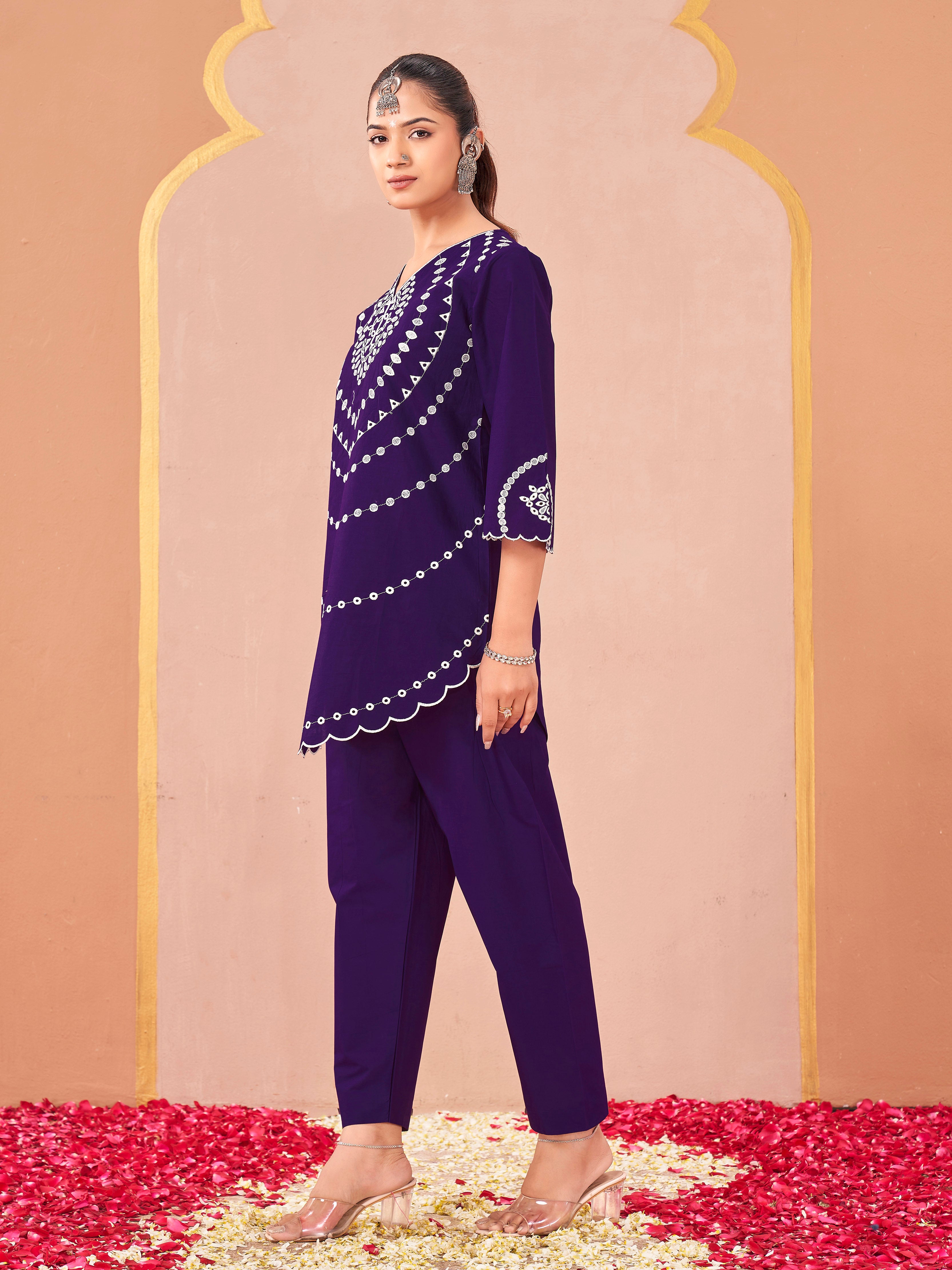 Purple color pure cotton thread chikankari type work embroidered tunic & trouser co-ord set