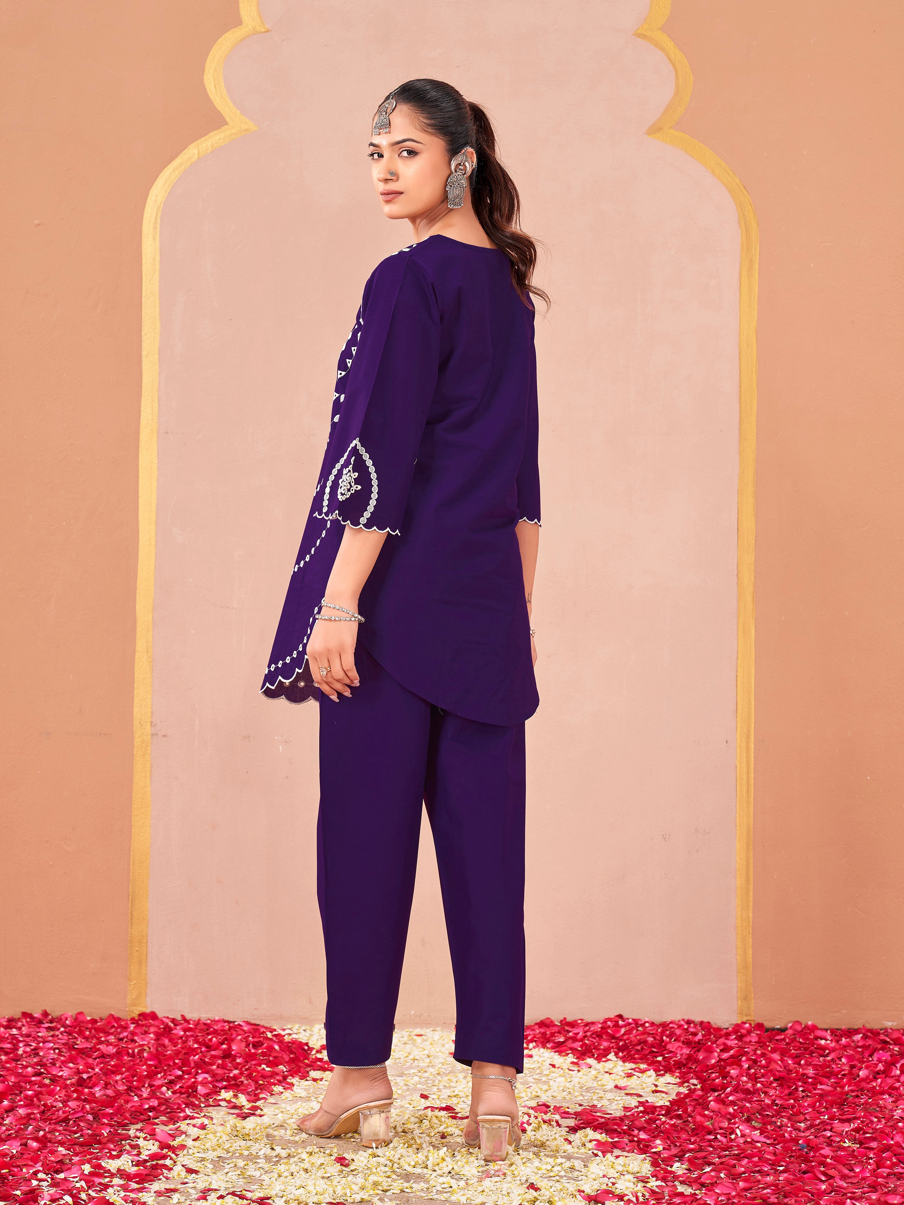 Purple color pure cotton thread chikankari type work embroidered tunic & trouser co-ord set