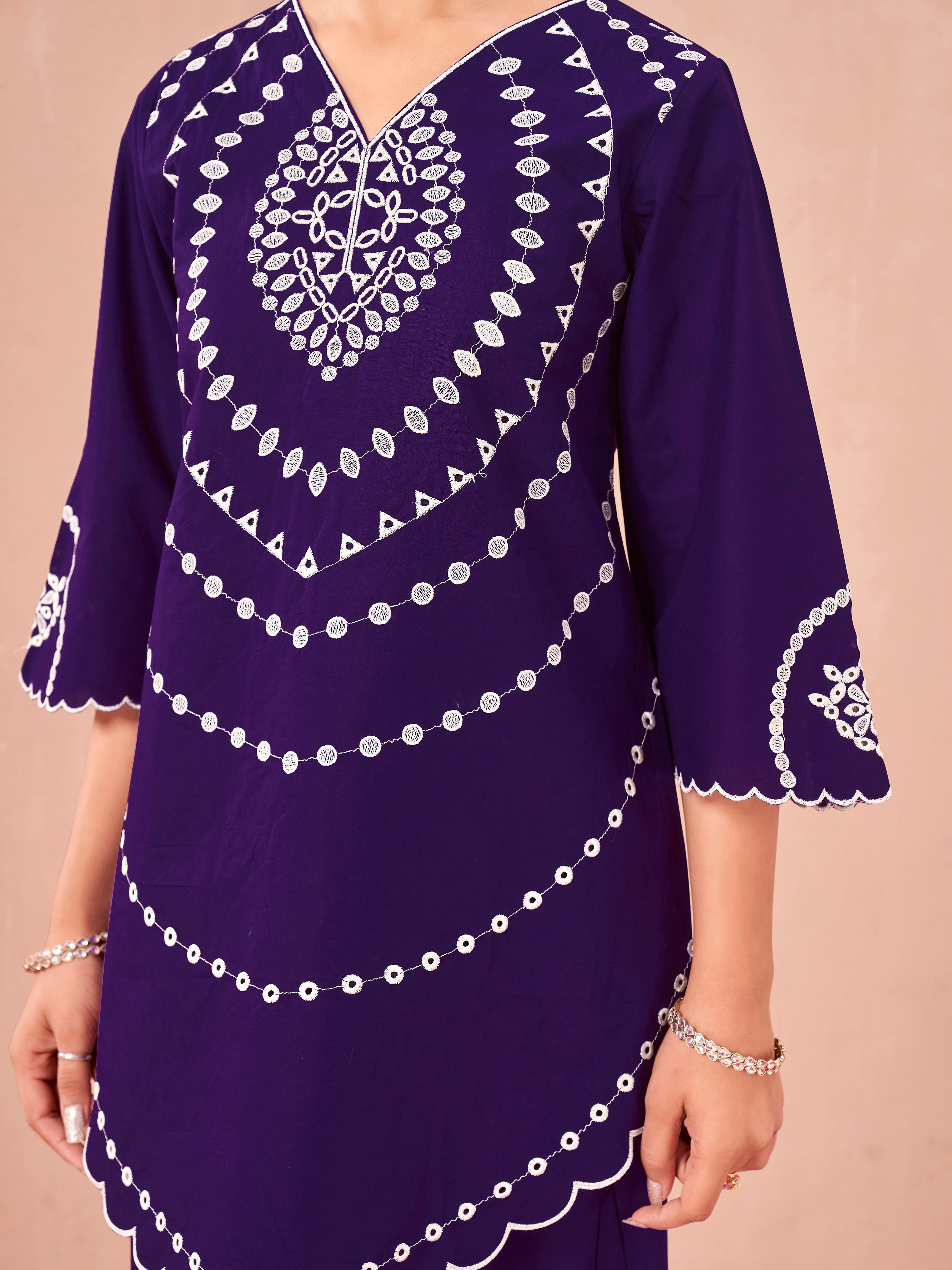 Purple color pure cotton thread chikankari type work embroidered tunic & trouser co-ord set